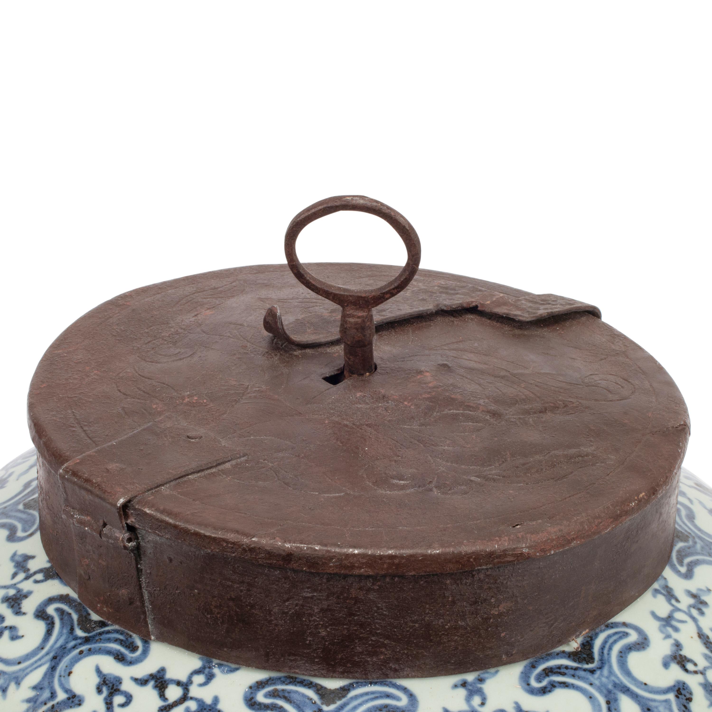 A Chinese Porcelain and Iron Mounted Locking Jar