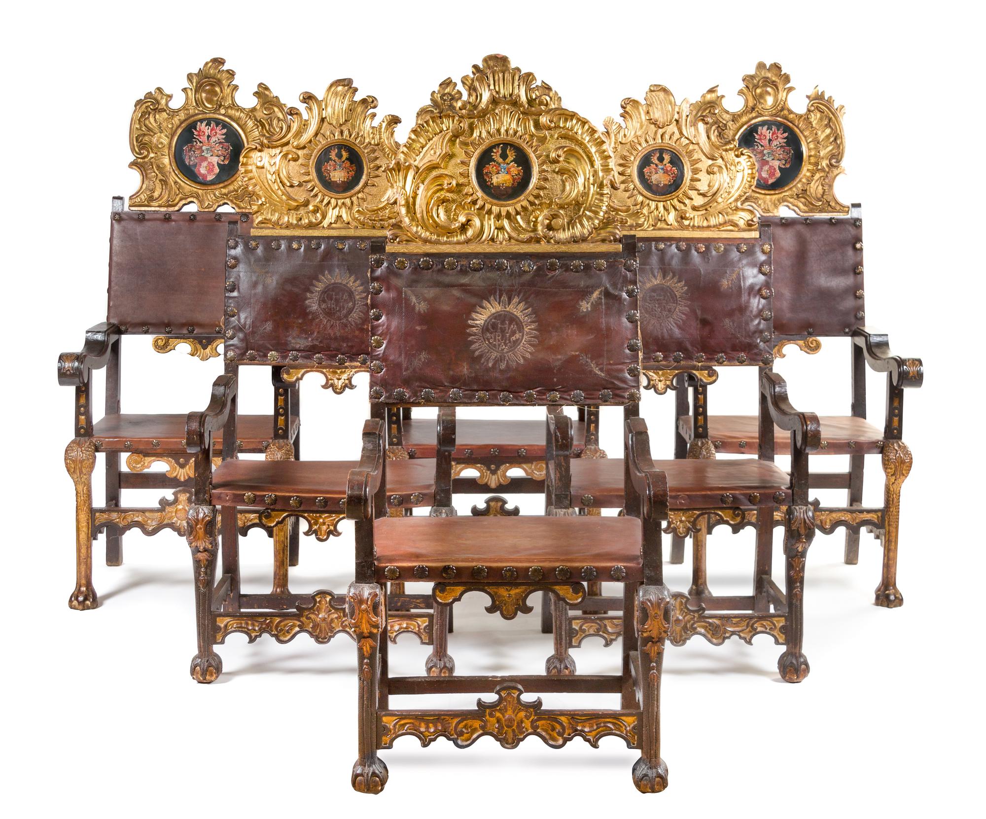 An Assembled Set of Six Italian Painted and Parcel Gilt Armchairs Height 70 inches. — 18TH CENTURY AND EARLIER