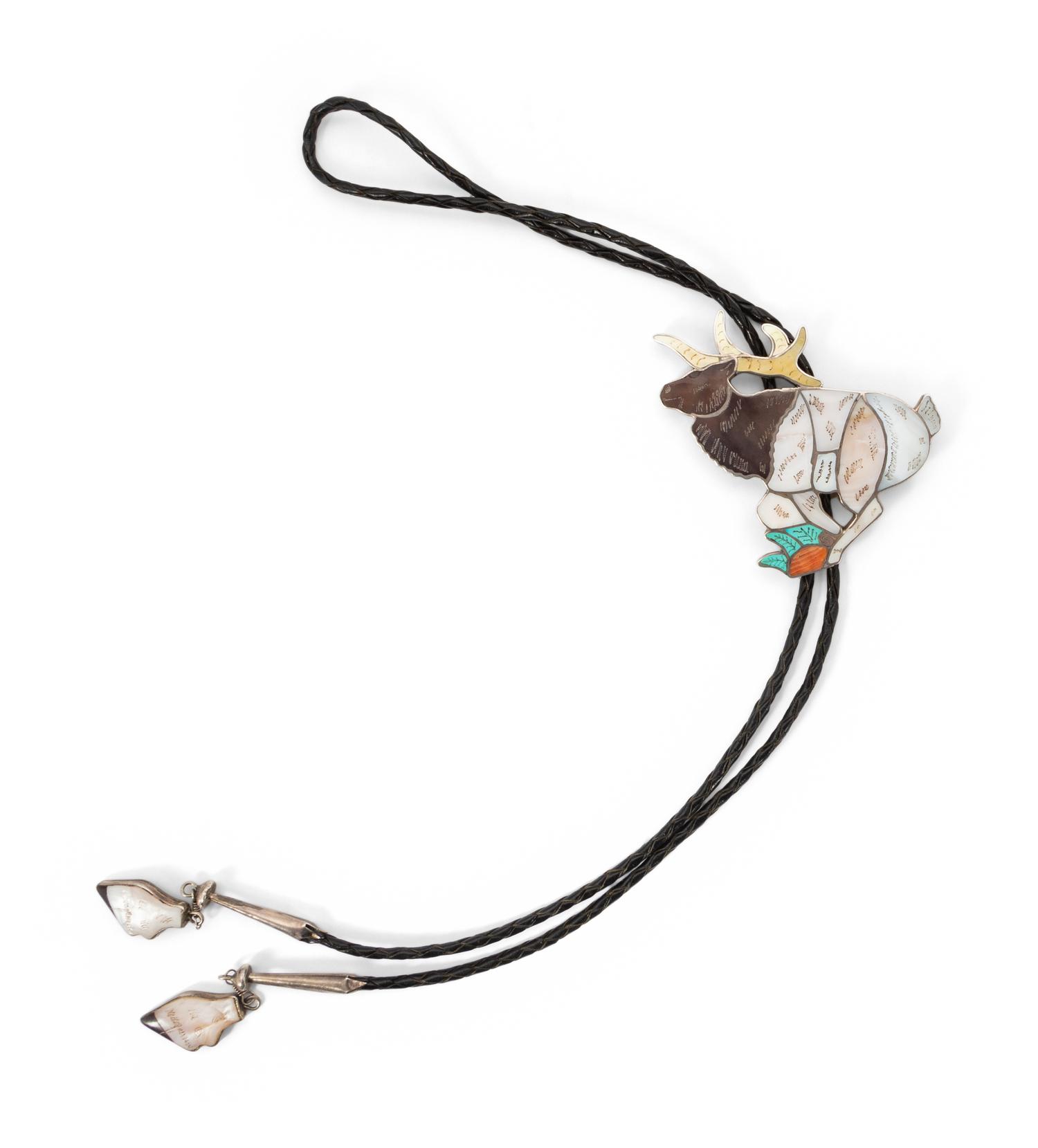 An Inlaid Silver Elk Bolo Tie by Joe Zun