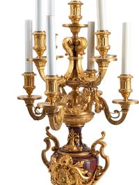 A Pair of Napoleon III Gilt Bronze and Rouge Griotte Marble Nine-Light Candelabra