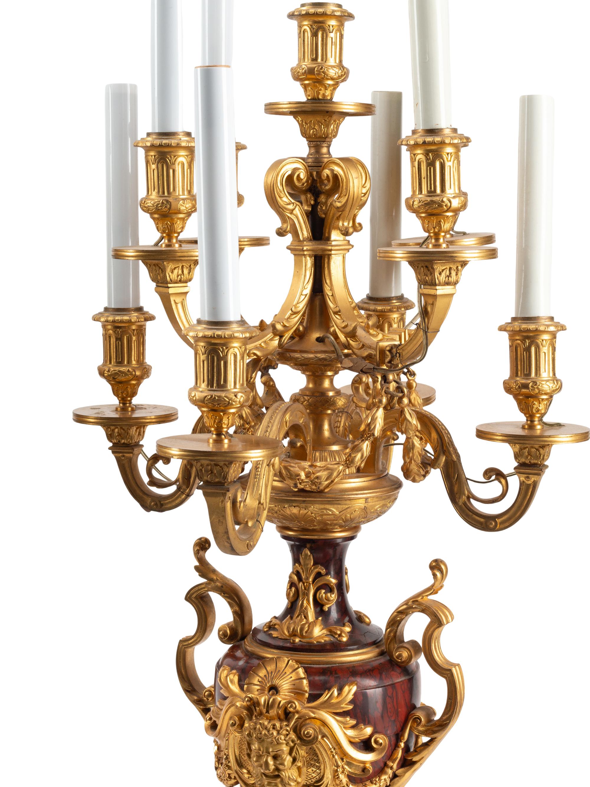 A Pair of Napoleon III Gilt Bronze and Rouge Griotte Marble Nine-Light Candelabra