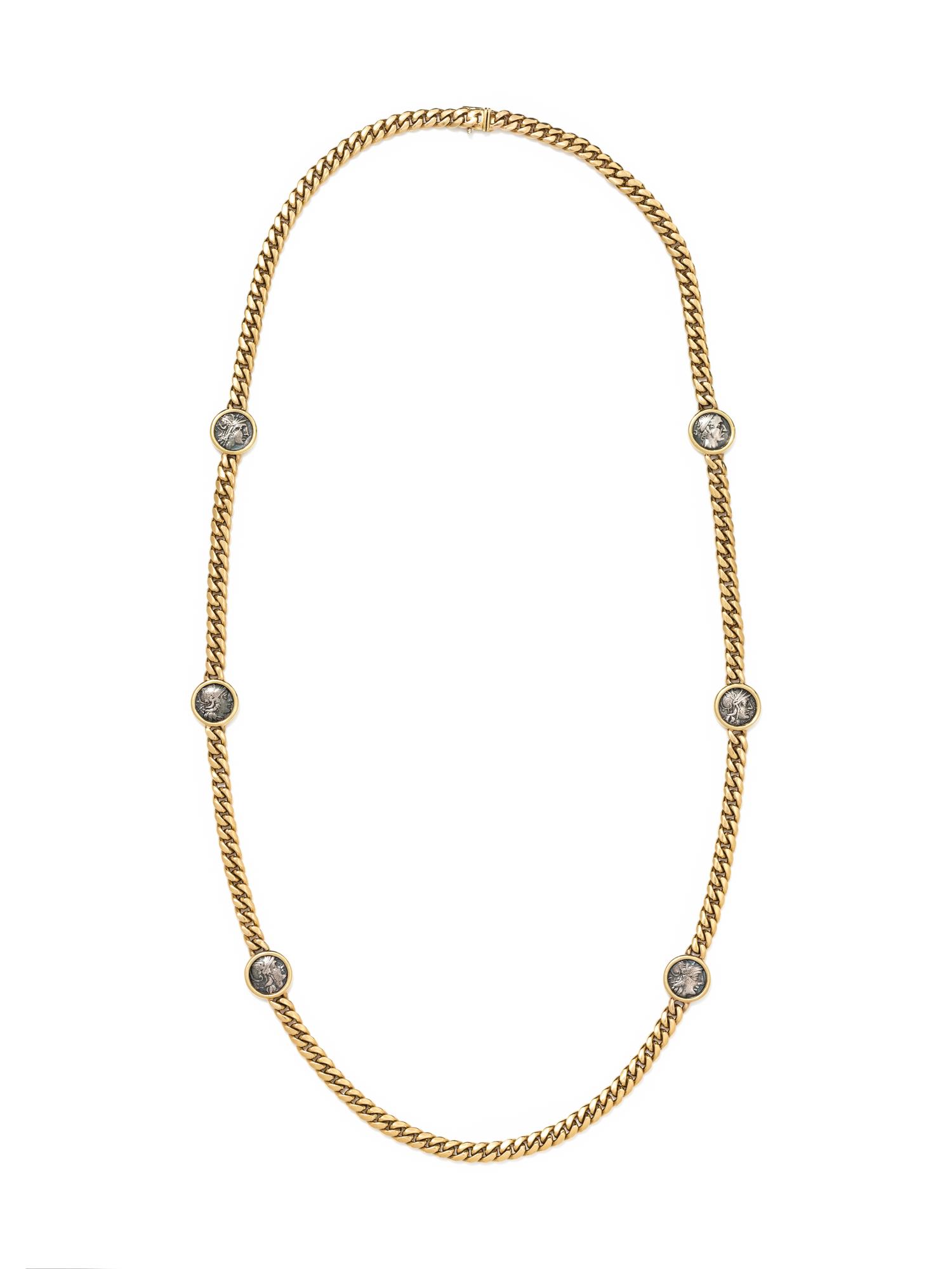 BVLGARI, YELLOW GOLD AND ANCIENT ROMAN COIN LONGCHAIN NECKLACE