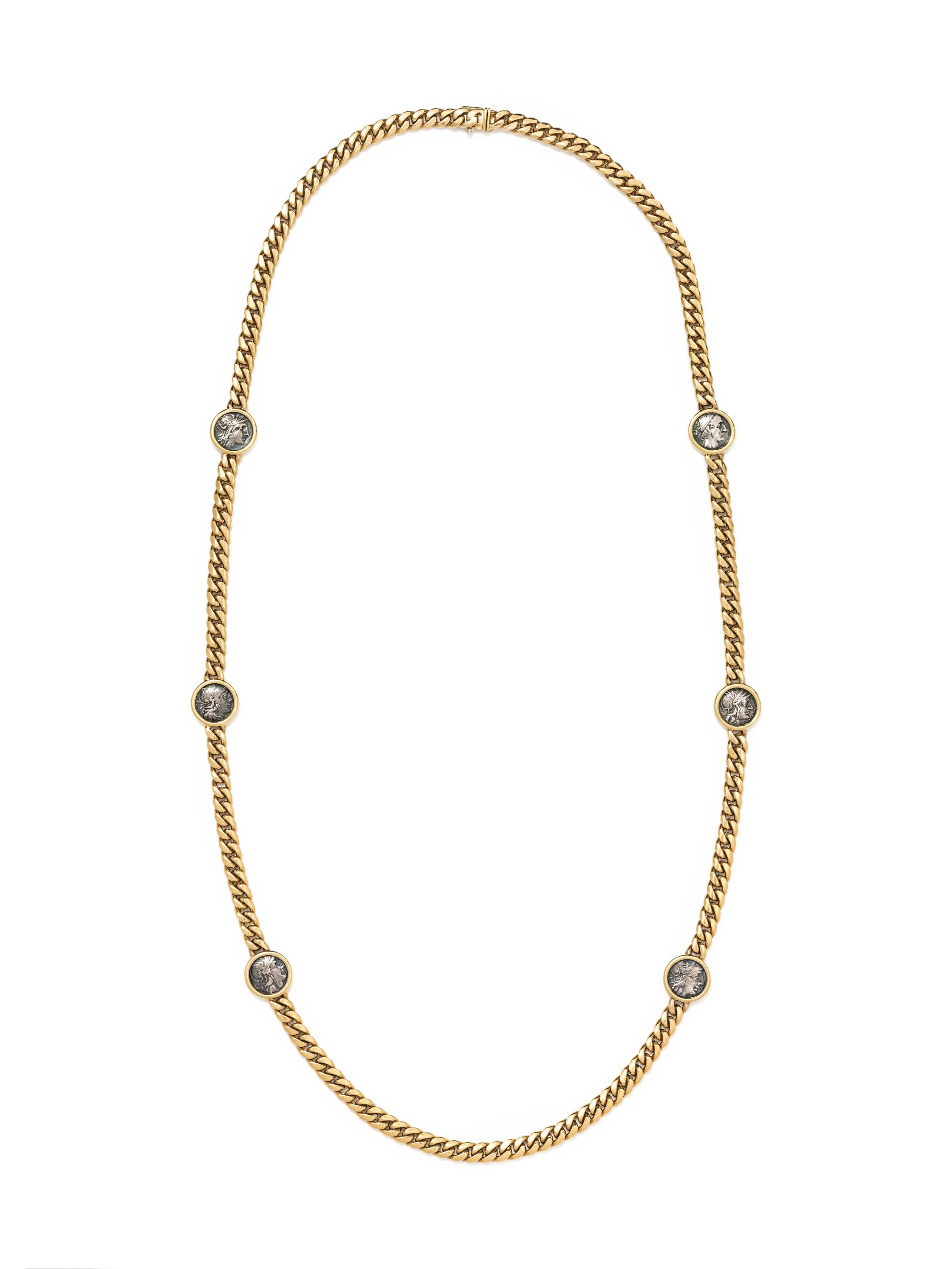 BVLGARI, YELLOW GOLD AND ANCIENT ROMAN COIN LONGCHAIN NECKLACE