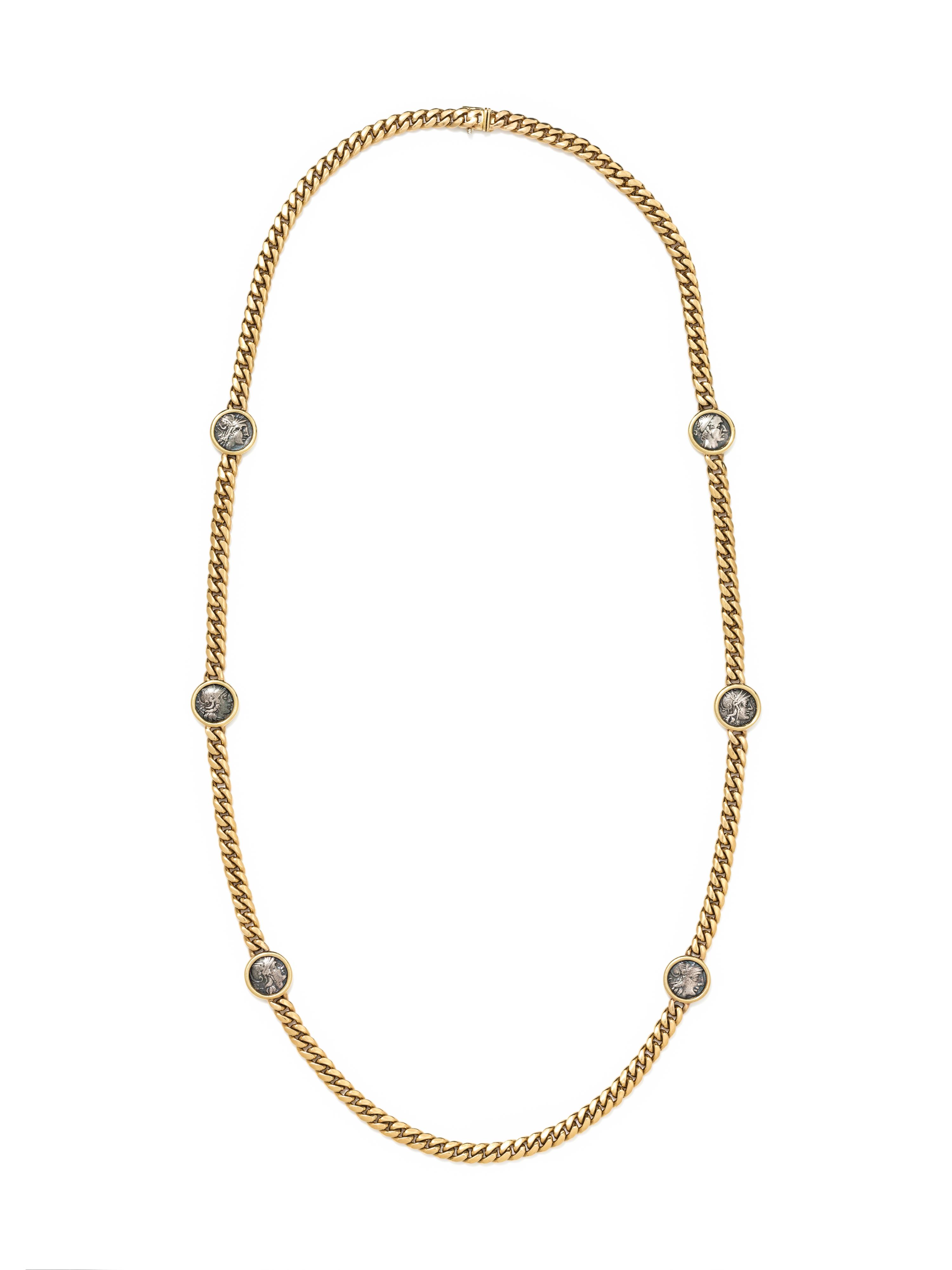 BVLGARI, YELLOW GOLD AND ANCIENT ROMAN COIN LONGCHAIN NECKLACE