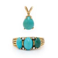 Tiffany and Co., Turquoise, Diamond, and Yellow Gold Ring with Unsigned Turquoise Pendant