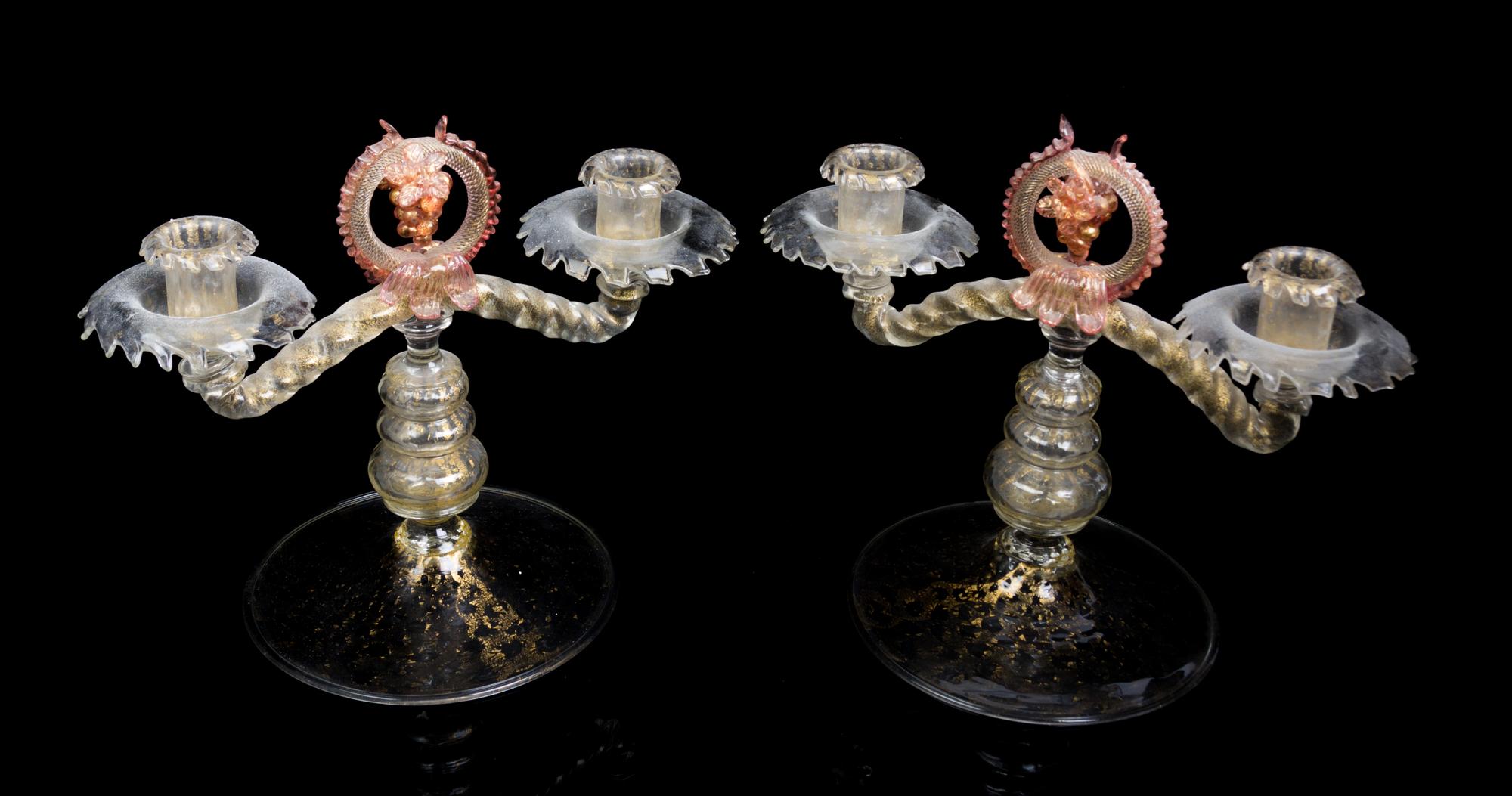 An Italian Glass Garniture Height of candelabra 10 1/4 inches. — 20TH CENTURY