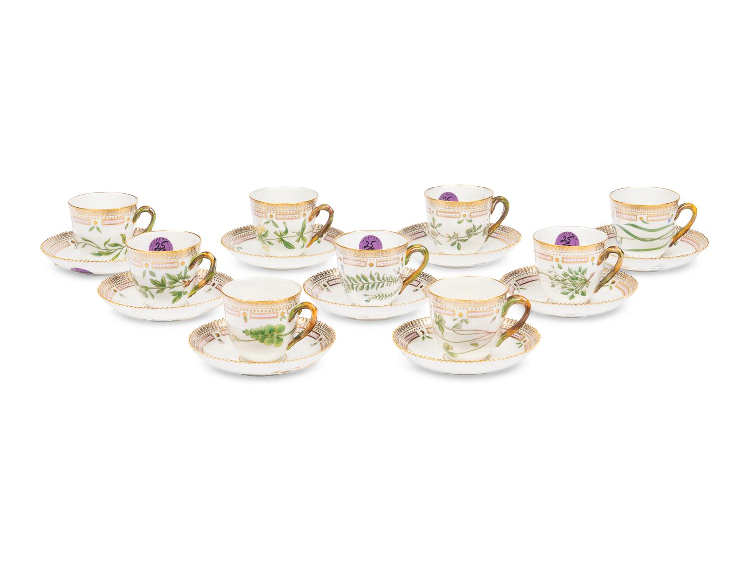 A Set of Nine Royal Copenhagen Flora Danica Porcelain Teacups and Saucers