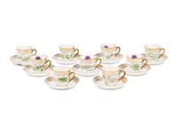 A Set of Nine Royal Copenhagen Flora Danica Porcelain Teacups and Saucers