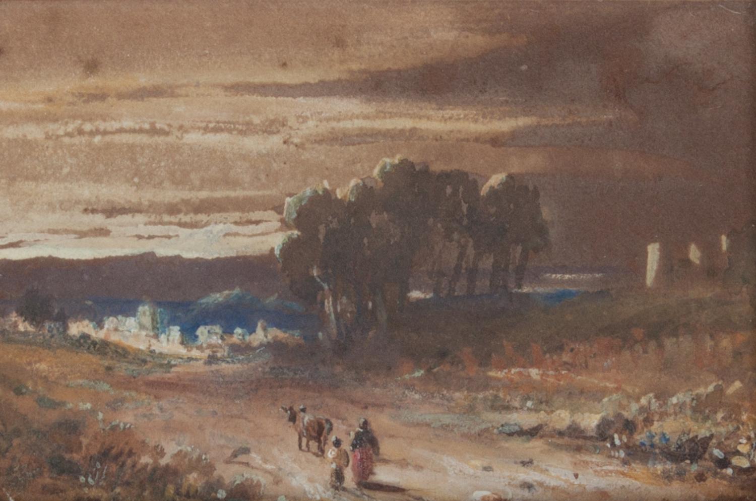 John Varley, (British, 1778-1842), Two Figures and Cow on Road and Figure to Left in Red Blouse (two works)
