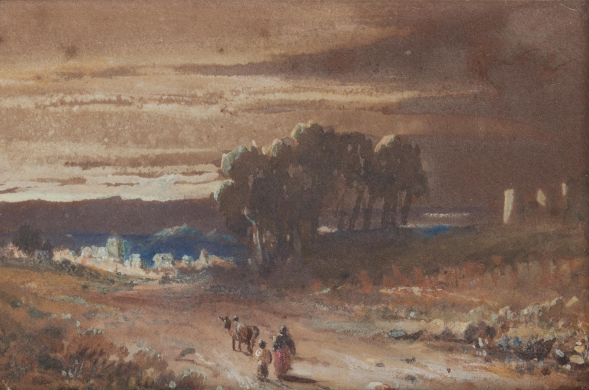 John Varley, (British, 1778-1842), Two Figures and Cow on Road and Figure to Left in Red Blouse (two works)