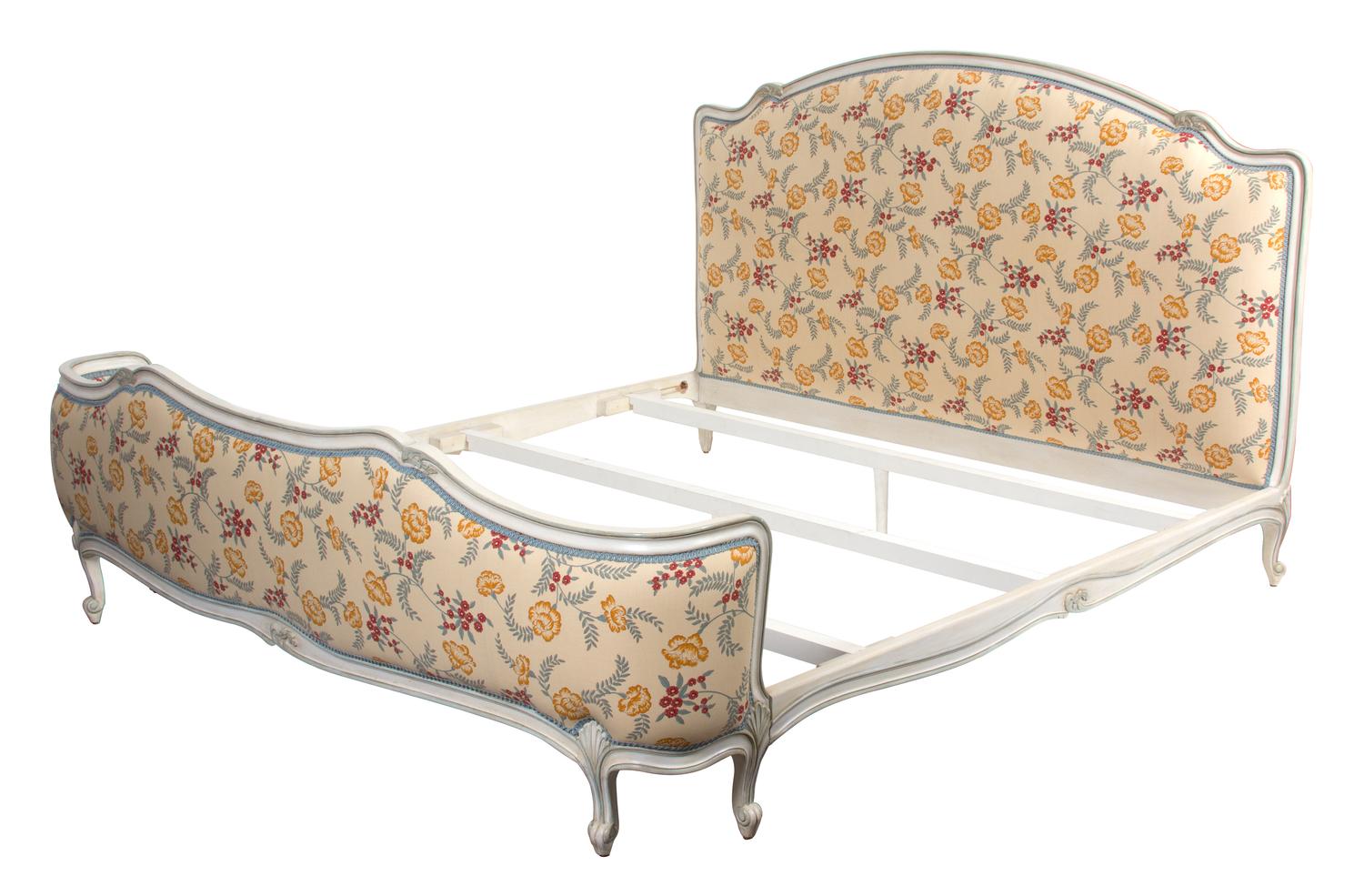 A Louis XV Style Painted and Upholstered King Size Bed Height of headboard 51 x width 82 x depth 76 inches. — 20TH CENTURY