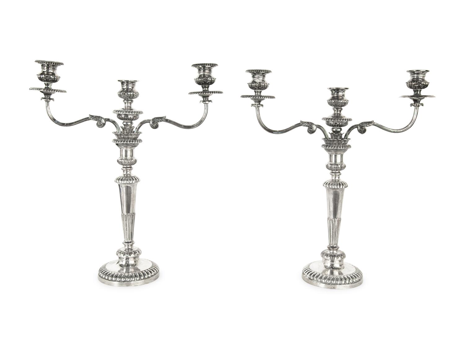 A Pair of English Silver-Plate Three-Light Candelabra