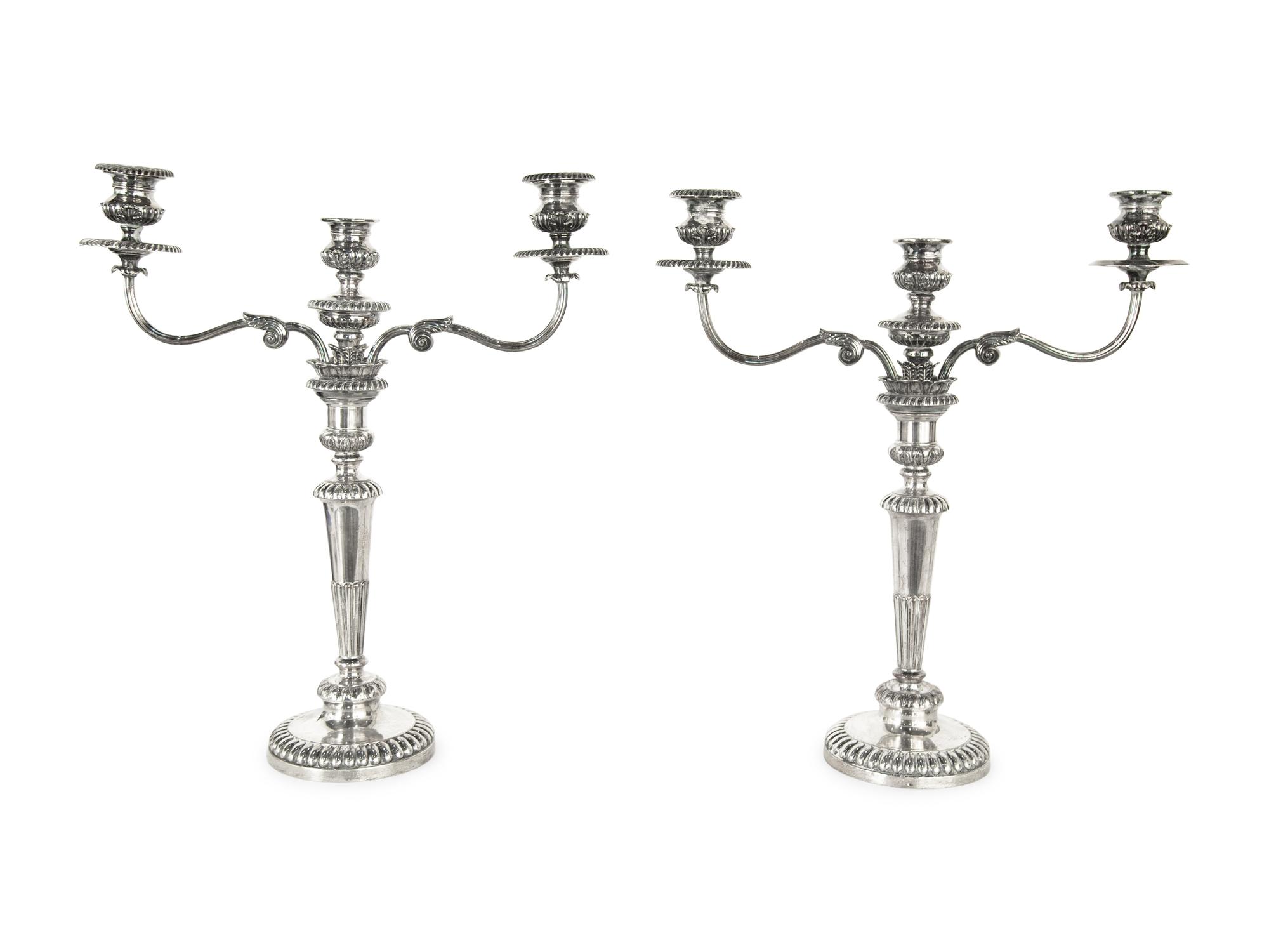 A Pair of English Silver-Plate Three-Light Candelabra