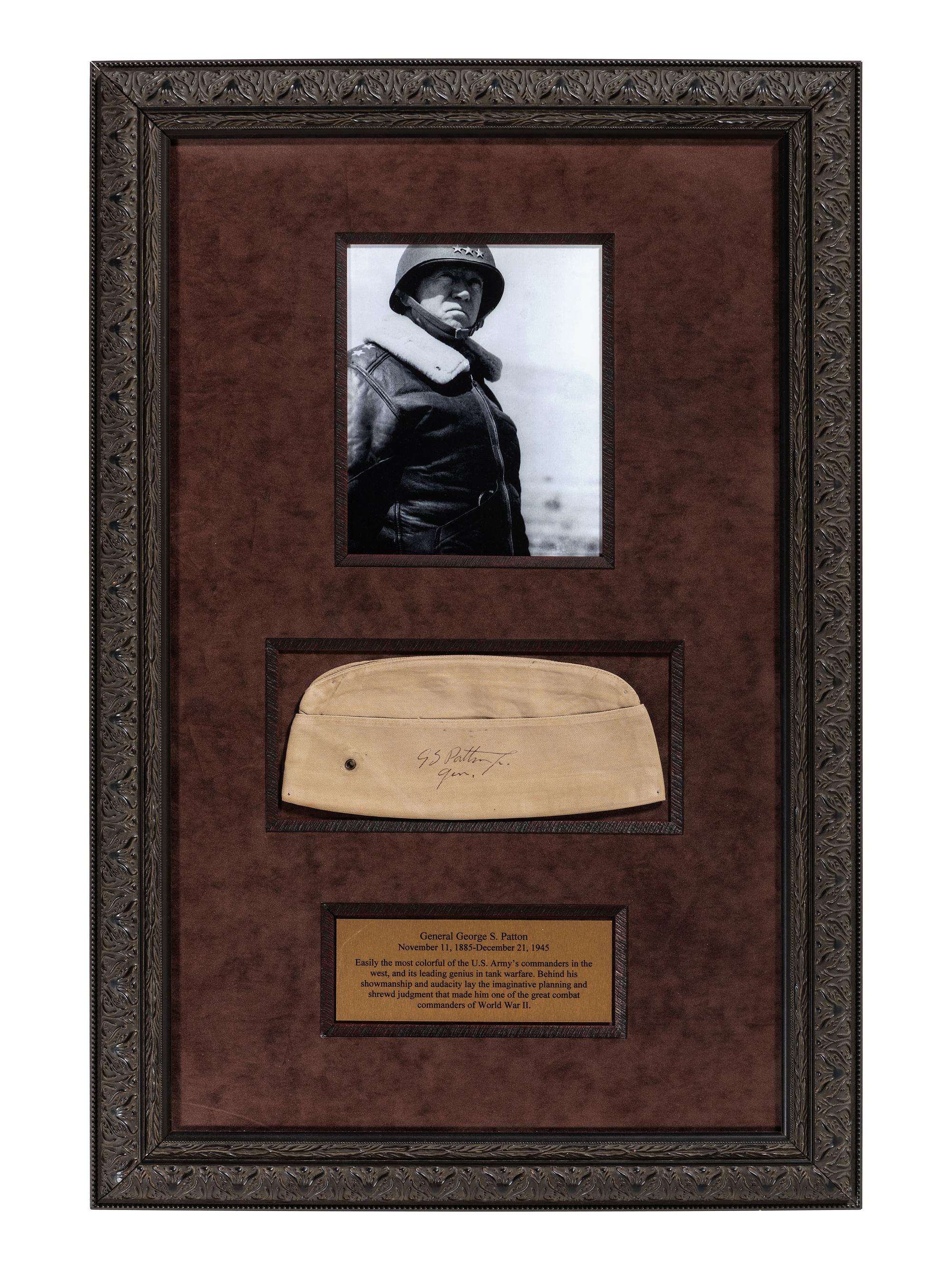 [WORLD WAR II]. PATTON, George S. (1885-1945). Garrison cap signed ("GS Patton Jr. Gen.") in presentation display.