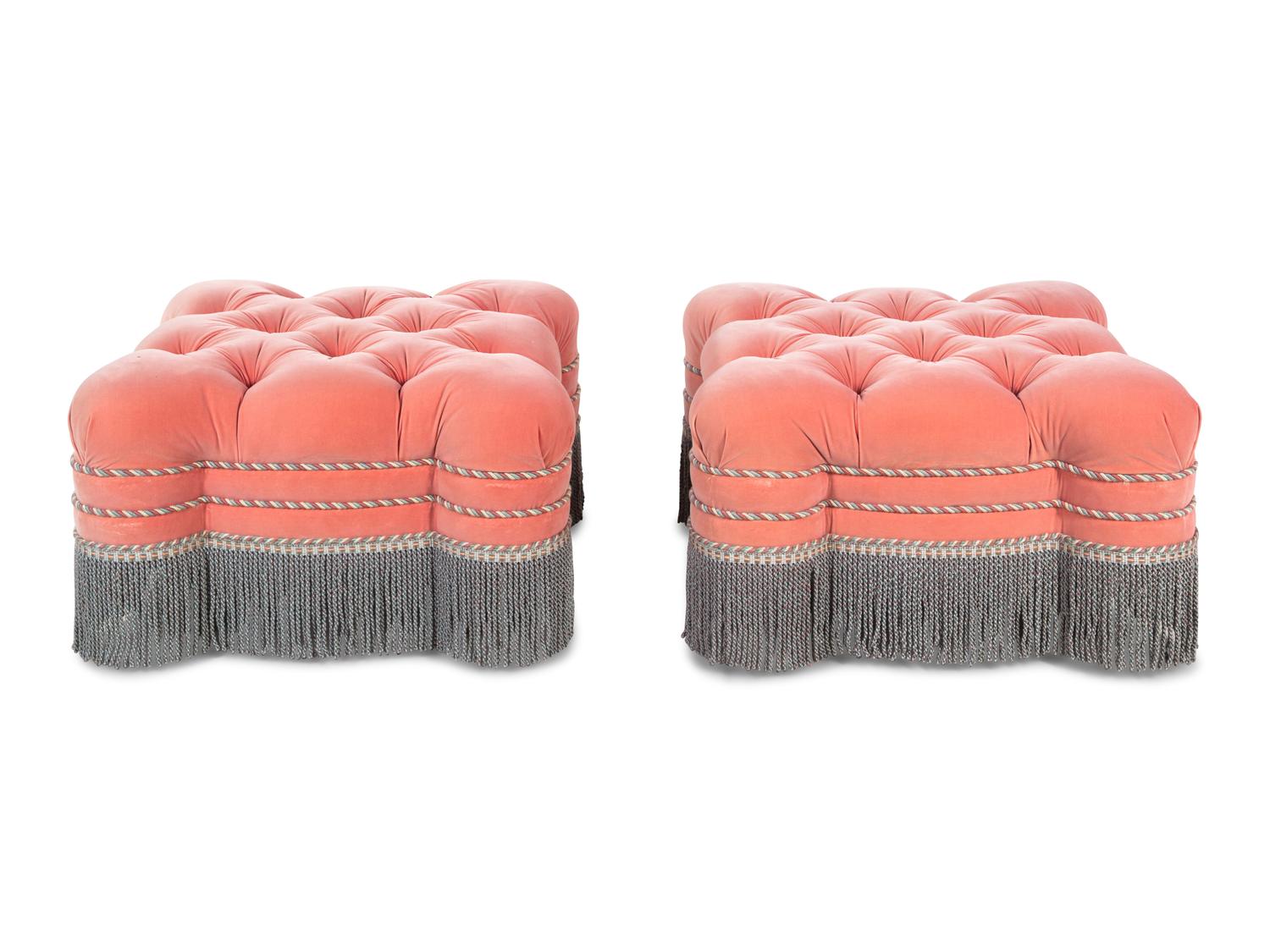 A Pair of Button Tufted Velvet Upholstered Ottomans with Bullion Fringe