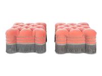 A Pair of Button Tufted Velvet Upholstered Ottomans with Bullion Fringe