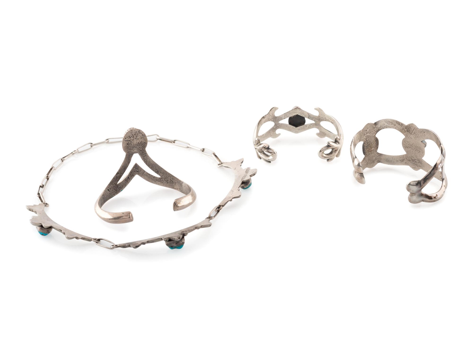 Navajo Sand Cast Silver and Turquoise Cuff Bracelets AND Necklace