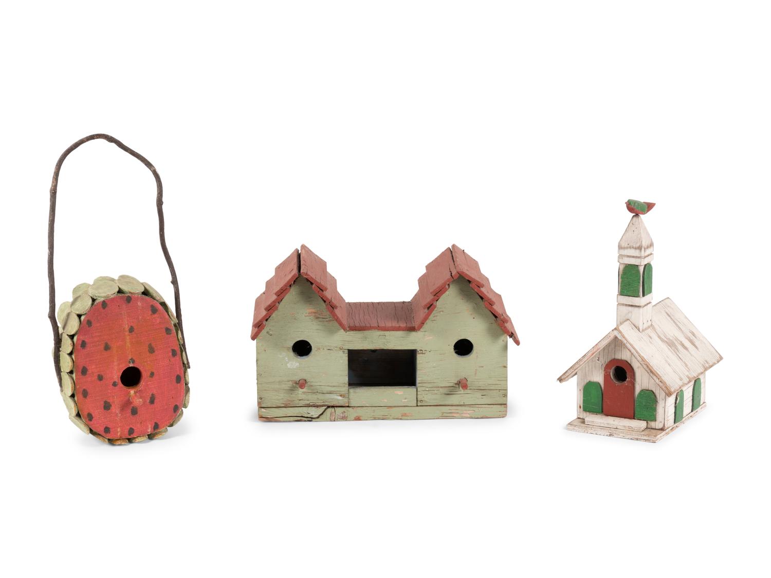 Three Carved and Painted Wood Bird Feeders