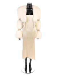 White Fur & Rhinestone Jacket with Satin Skirt, 1990s