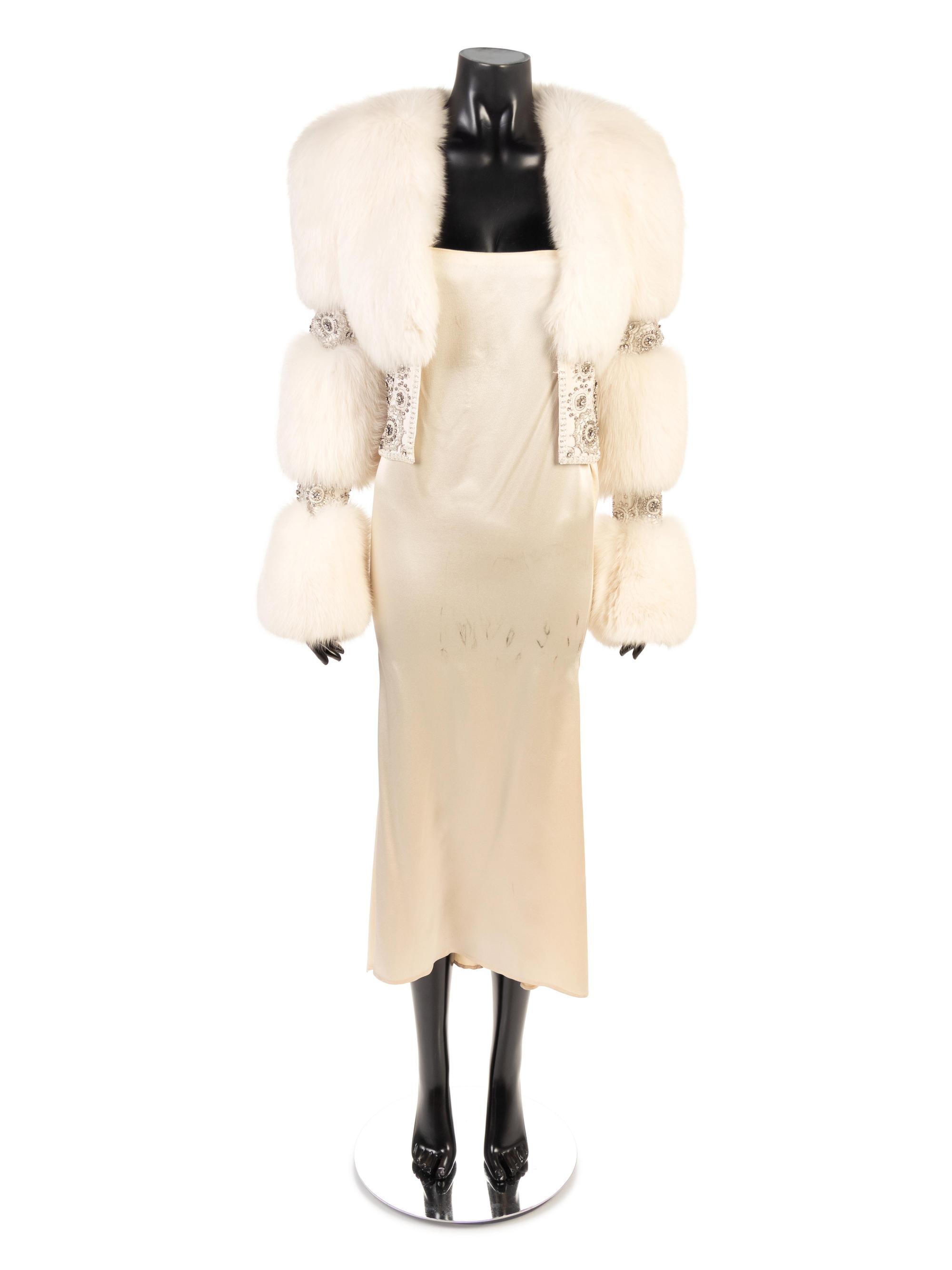 White Fur & Rhinestone Jacket with Satin Skirt, 1990s