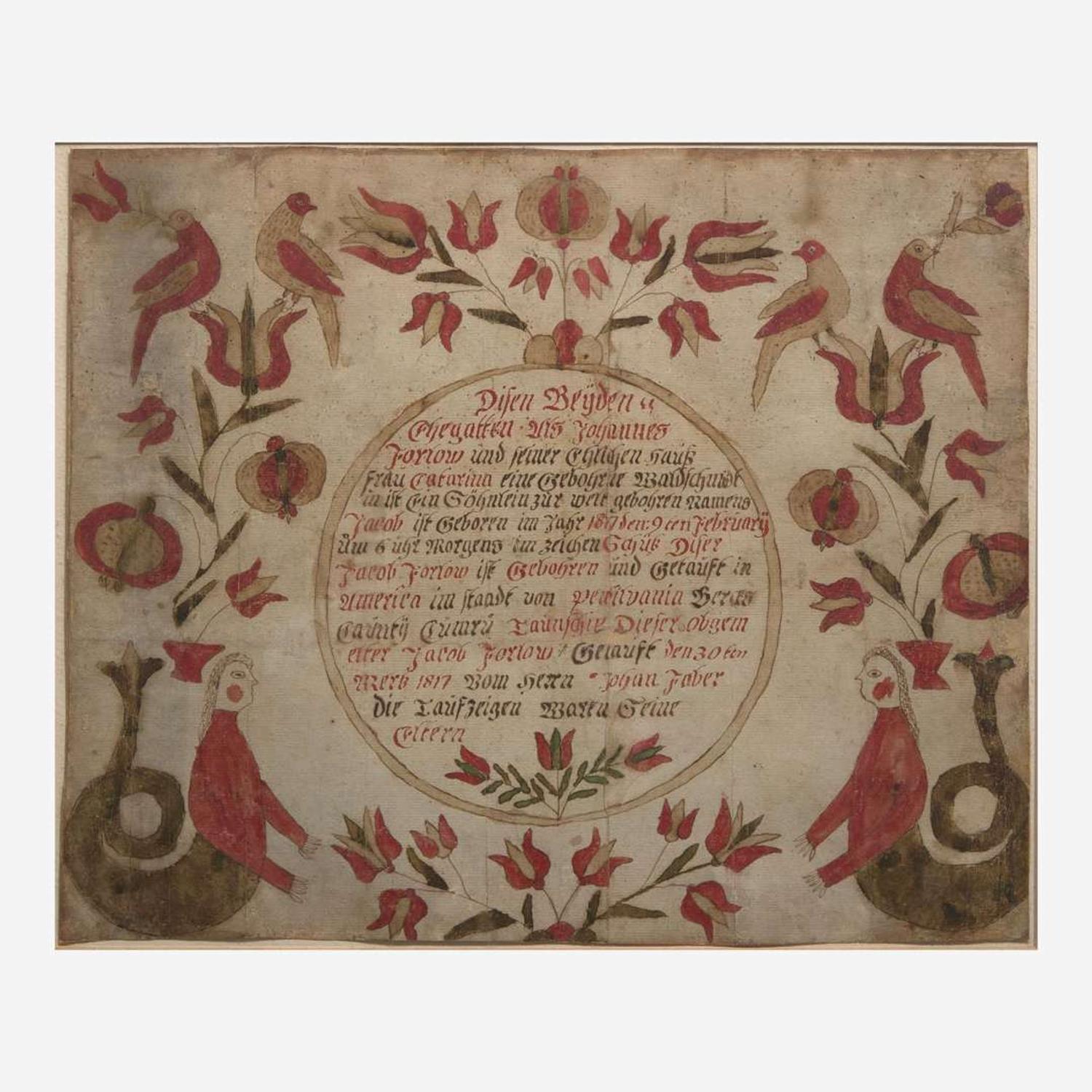 A Fraktur birth and baptism record for Jacob Farlow (1817-1877) Berks County, PA