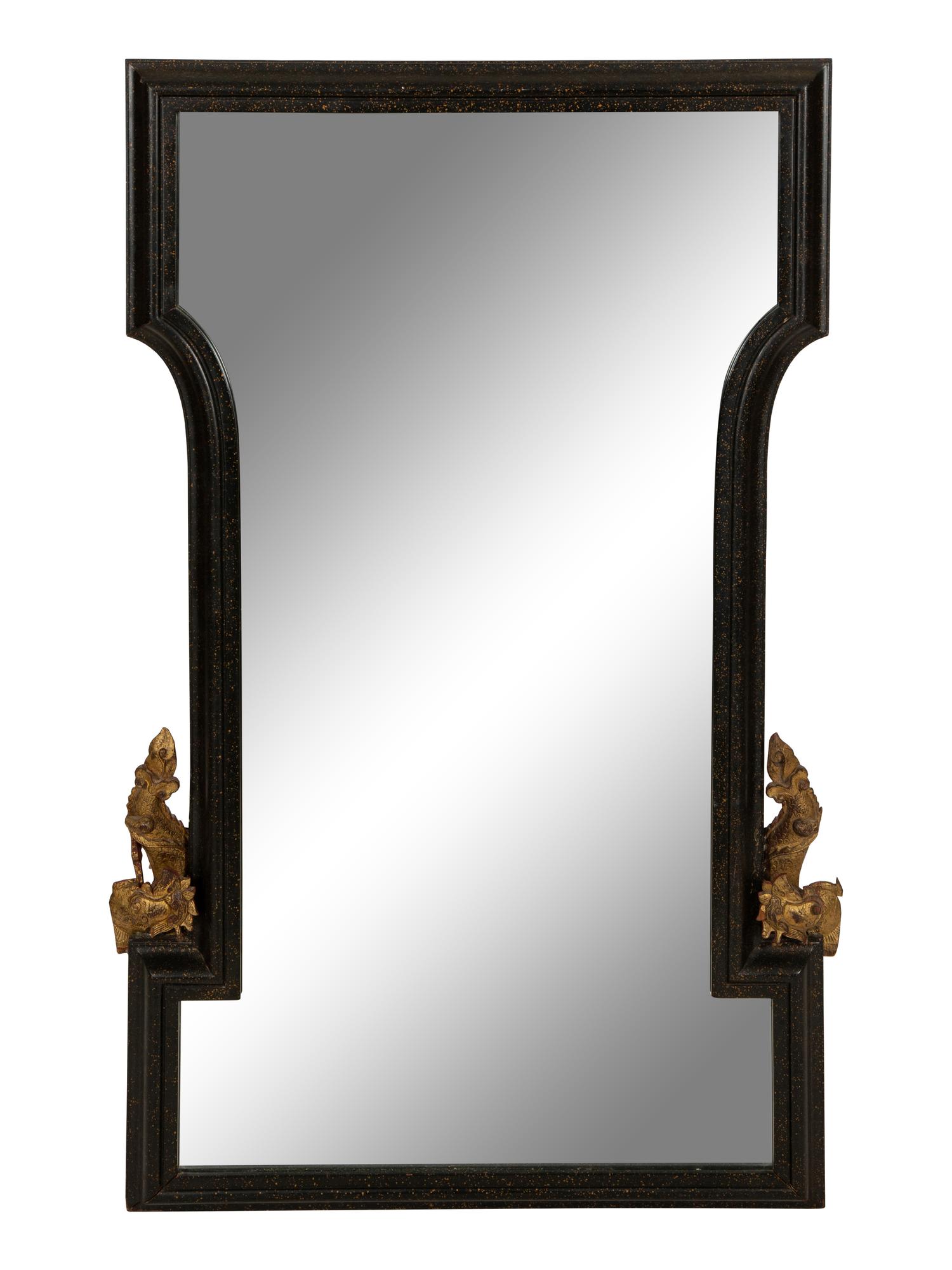An Modernist Chinese Black Lacquer Framed Wall Mirror with Gilt Accents