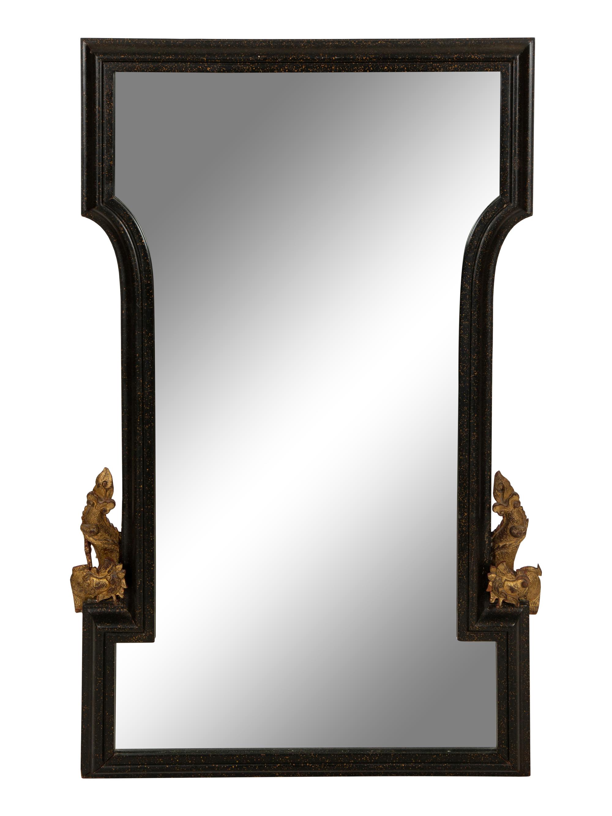 An Modernist Chinese Black Lacquer Framed Wall Mirror with Gilt Accents