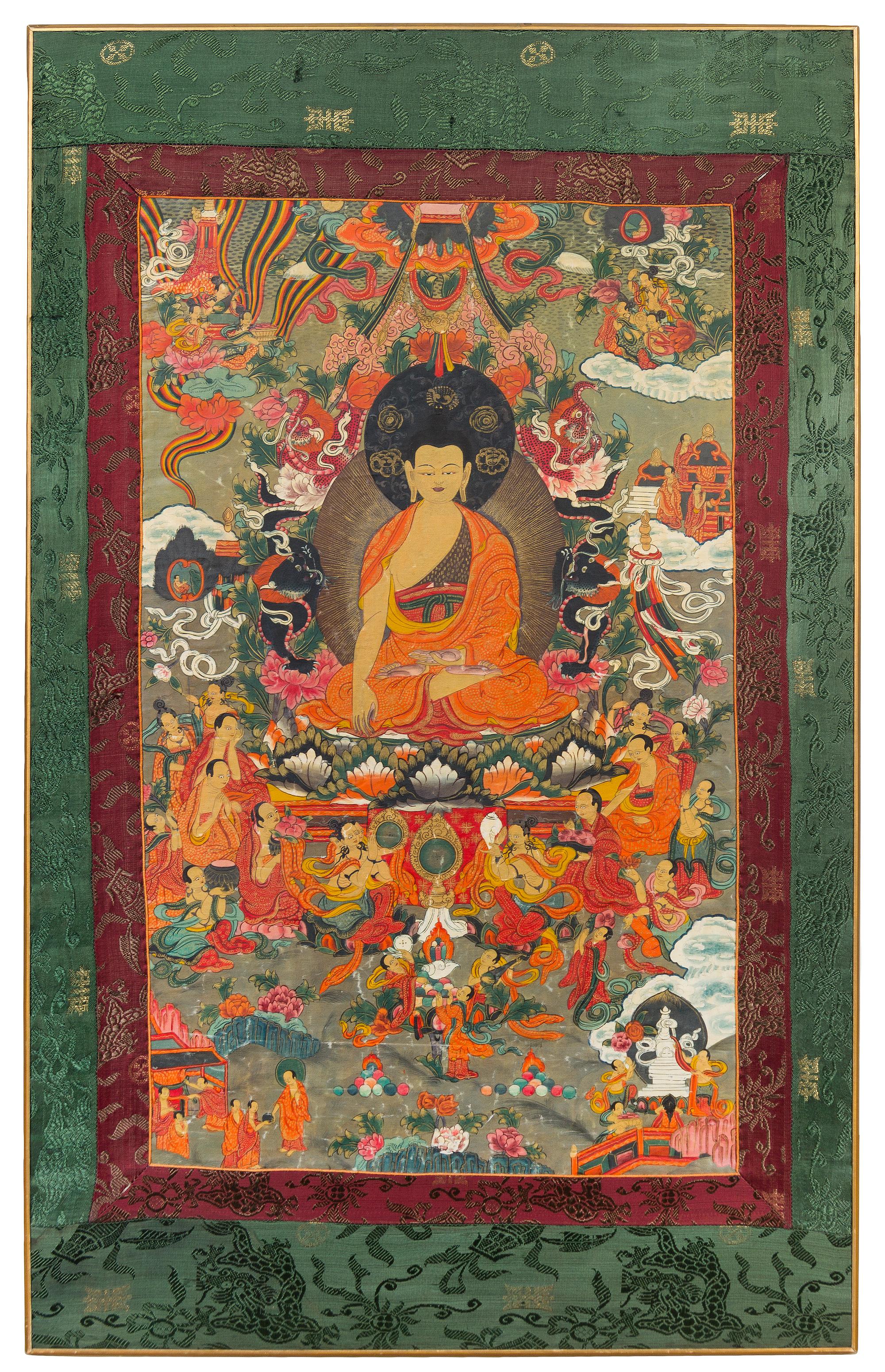 A Tibetan Thangka of Buddha with Scenes of Life 19TH/20TH CENTURY 27 1/4 x 16 3/4 inches. — 19TH/20TH CENTURY