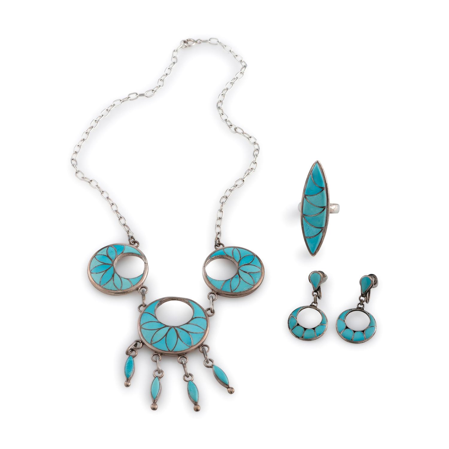 Silver and Turquoise Channel Inlay Necklace, Ring and Screwback Earrings Set