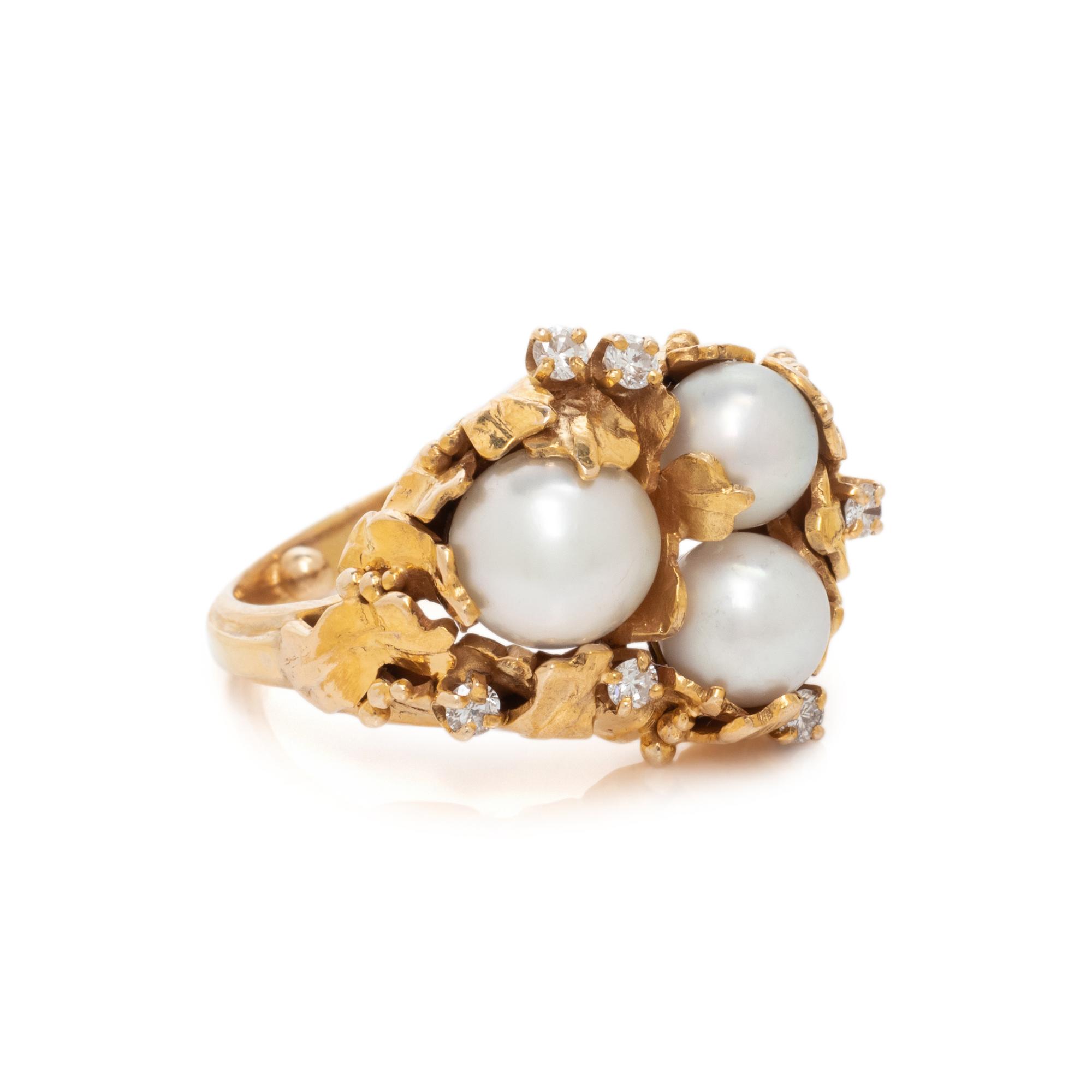 YELLOW GOLD, CULTURED PEARL AND DIAMOND RING