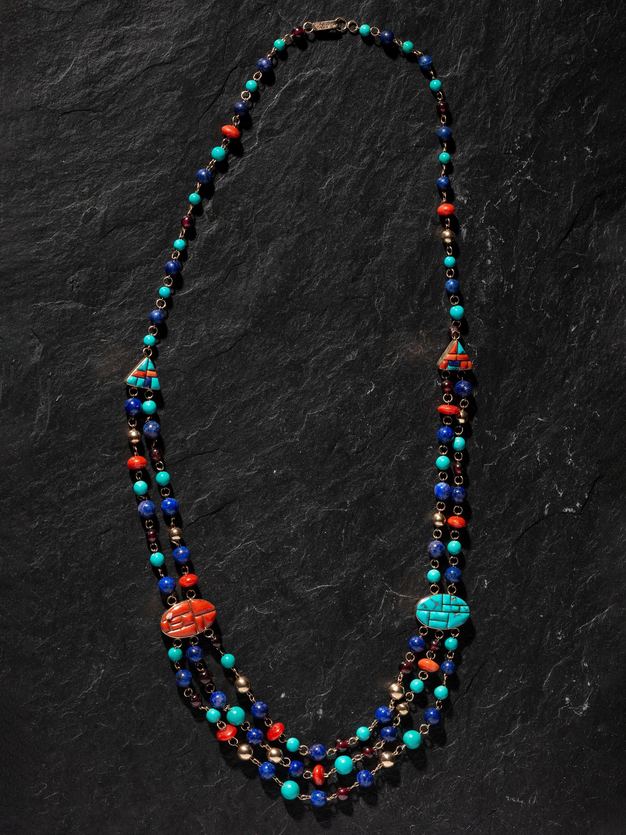Reversible 14k Gold Multi-strand Necklace, with Channel Inlay Spacers
