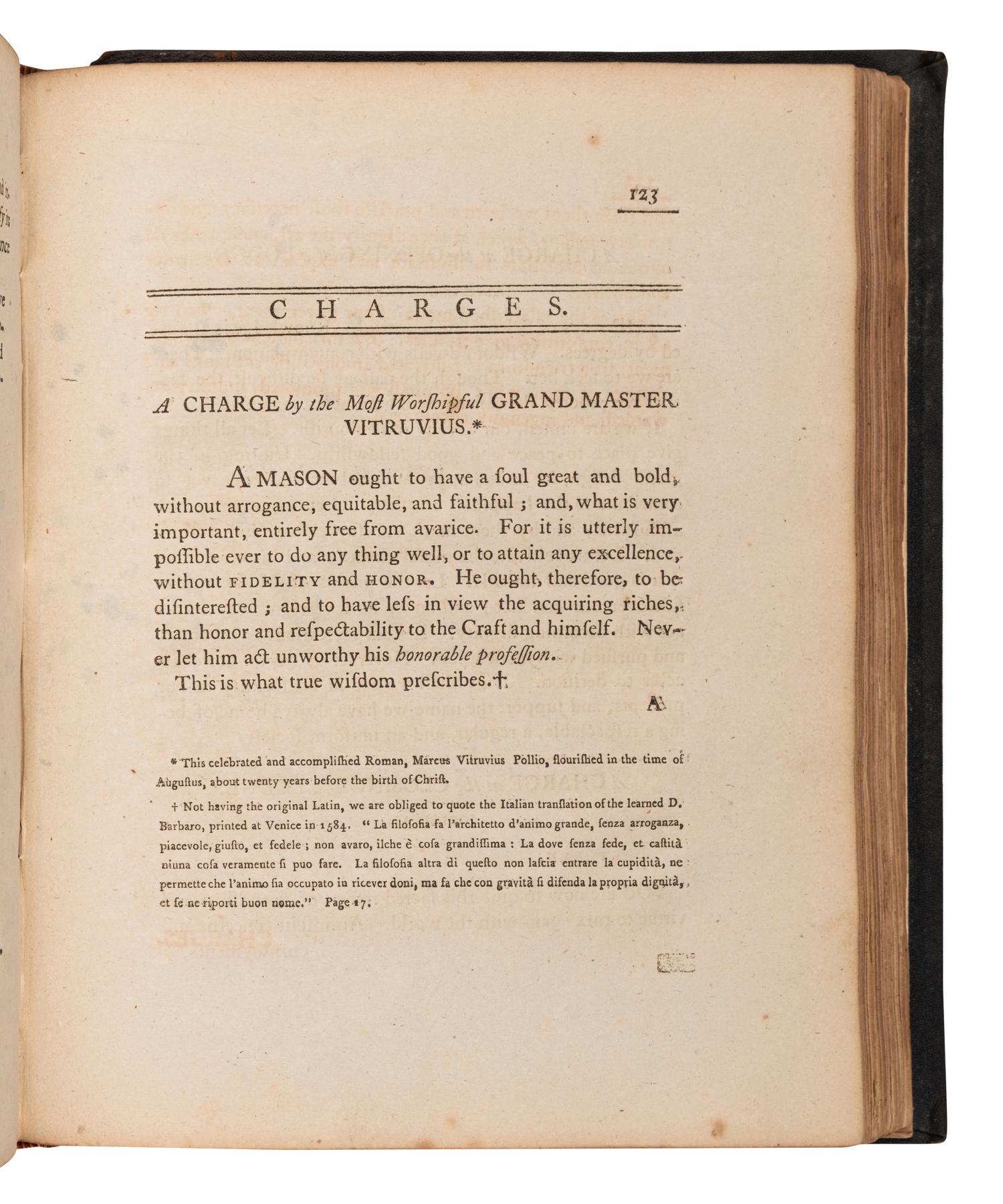 [FREEMASONRY]. HARRIS, Thaddeus Mason, Rev. Compiler. Constitutions of the Ancient and Honorable Fraternity of Free and Accepted Masons ... Worcester, MA: Isaiah Thomas, 1798.