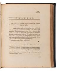 [FREEMASONRY]. HARRIS, Thaddeus Mason, Rev. Compiler. Constitutions of the Ancient and Honorable Fraternity of Free and Accepted Masons ... Worcester, MA: Isaiah Thomas, 1798.