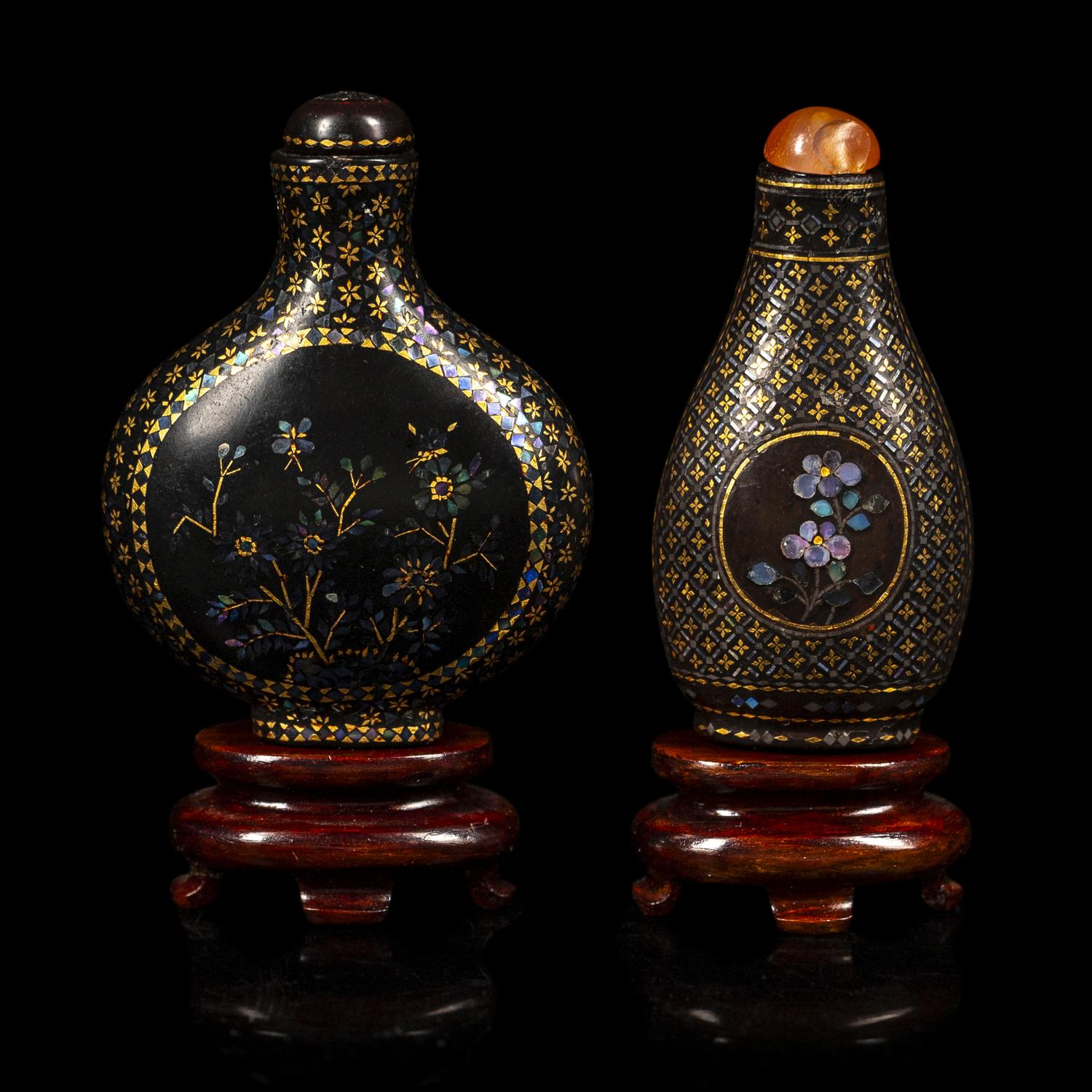 Two Chinese Laque Burgaute Snuff Bottles