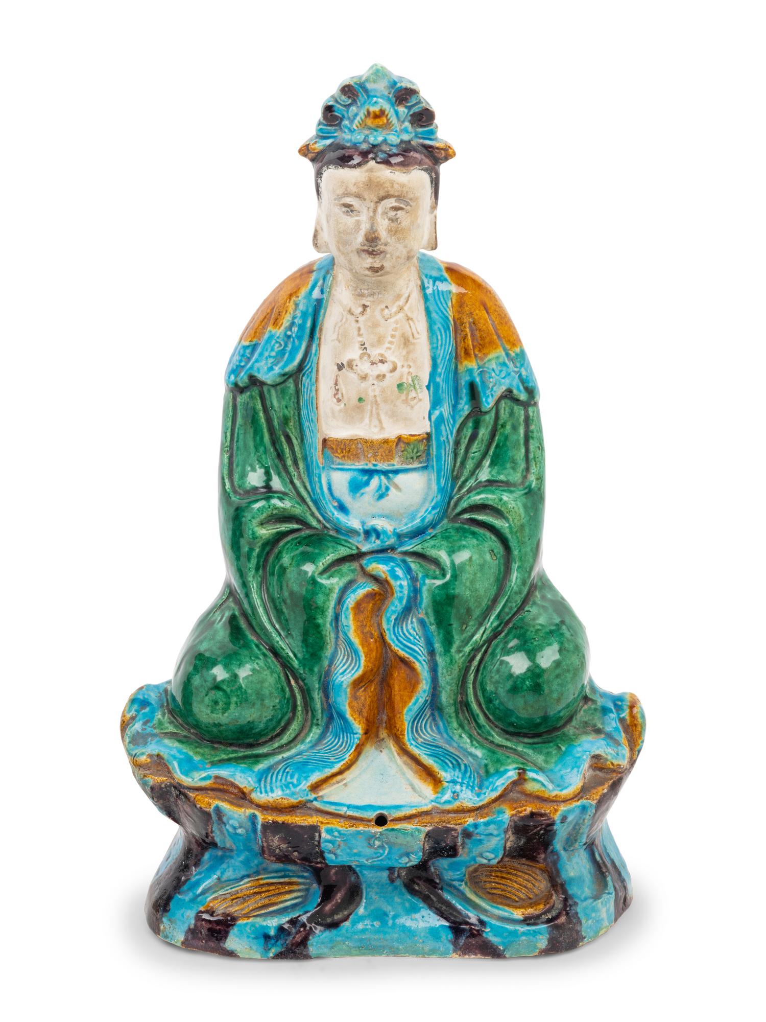 Two Turquoise, Yellow and Blue Glazed Tilework's Figures of Daoist Immortals