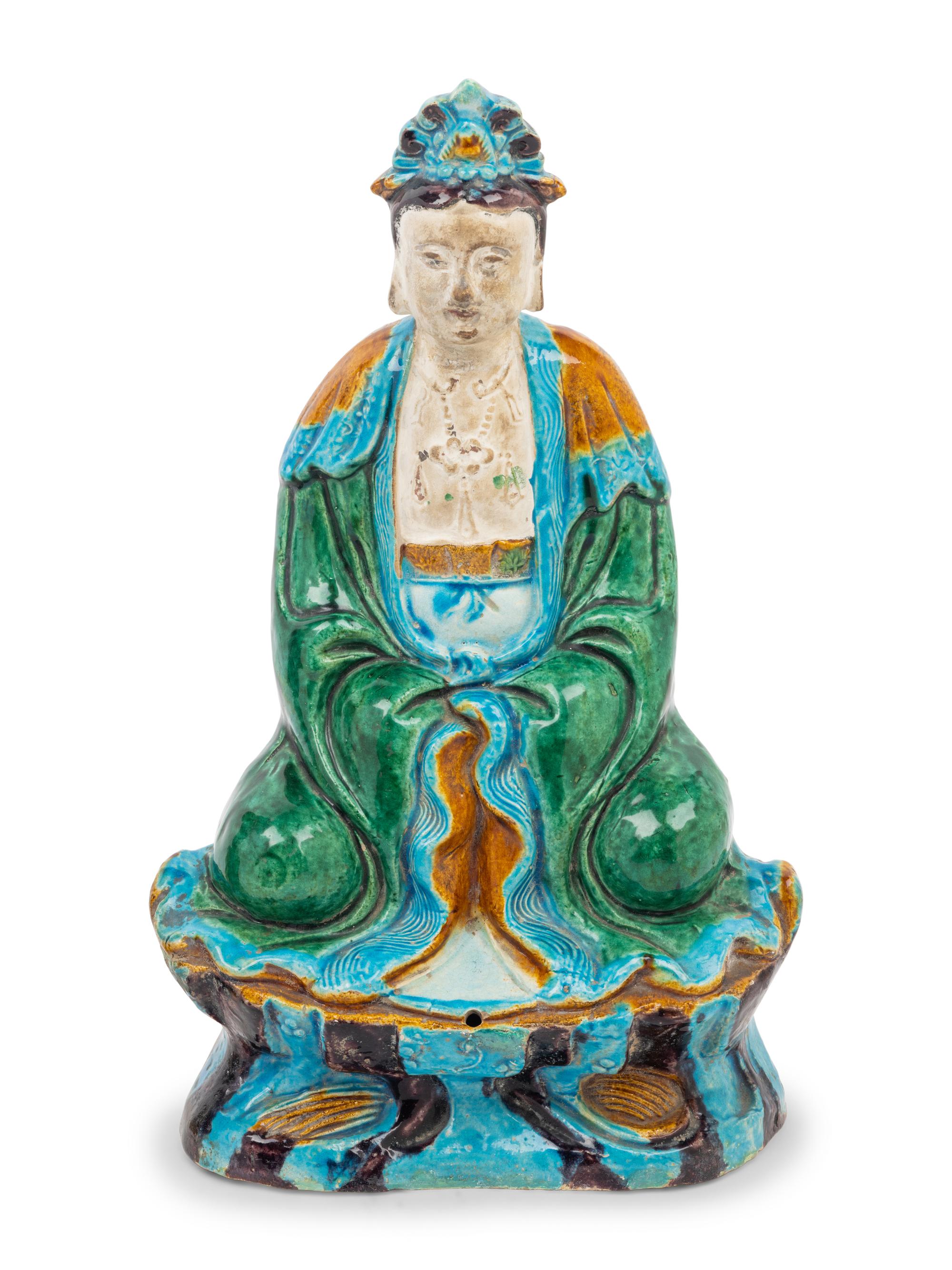 Two Turquoise, Yellow and Blue Glazed Tilework's Figures of Daoist Immortals
