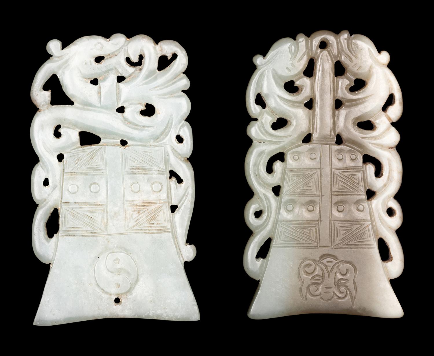 Two Celadon Jade Bell-Form Pendants