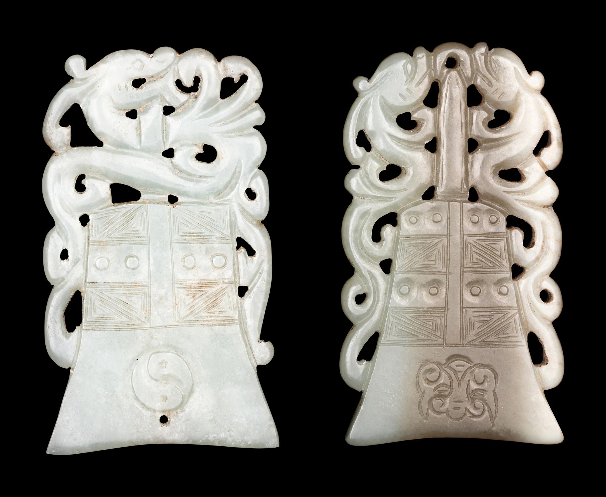 Two Celadon Jade Bell-Form Pendants