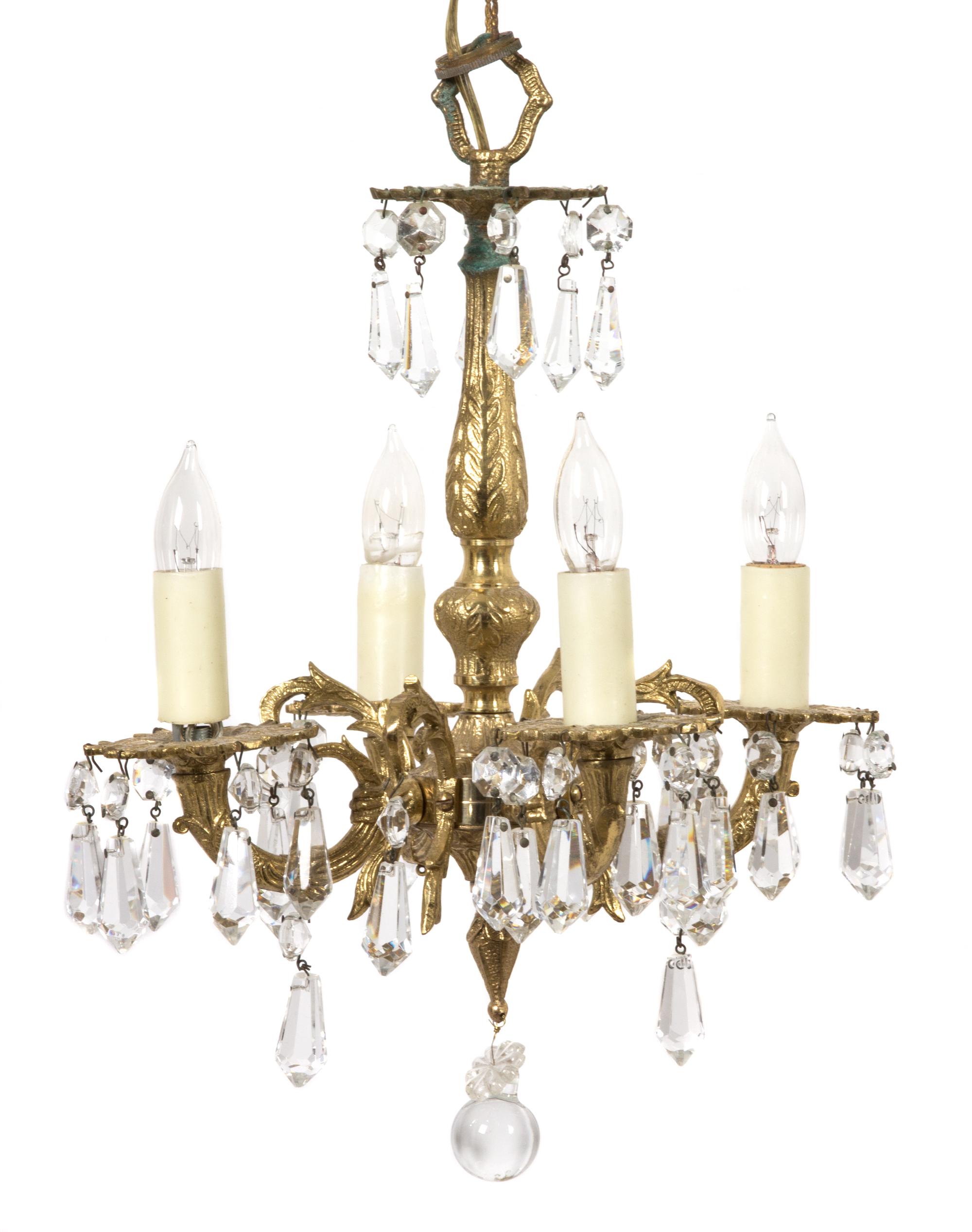 A Louis XV Style Gilt Bronze and Cut Glass Four-Light Chandelier Height 15 x diameter 11 inches. — 19TH CENTURY