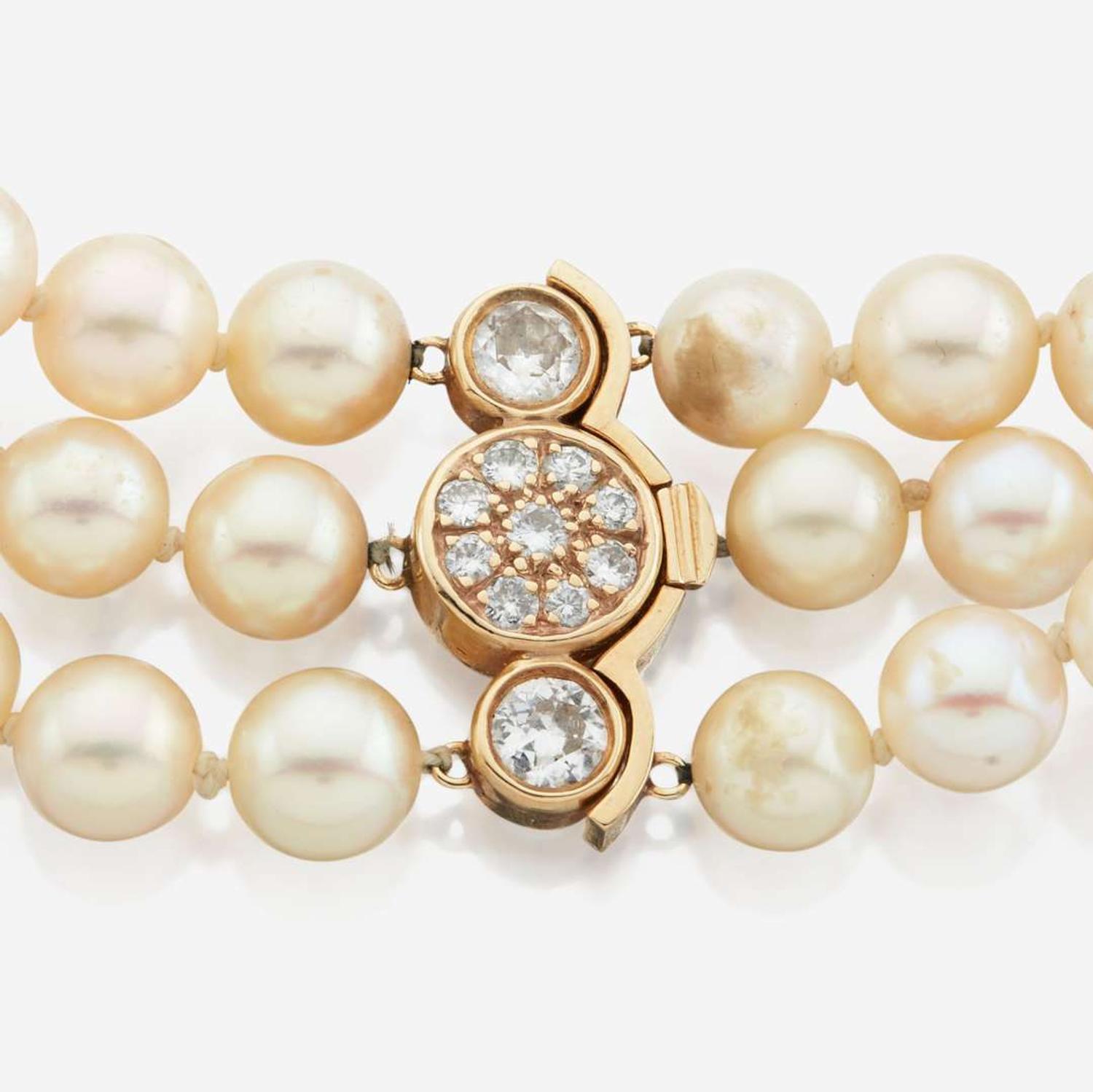 Two cultured pearl, gold, and gem-set necklaces