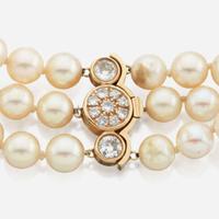 Two cultured pearl, gold, and gem-set necklaces