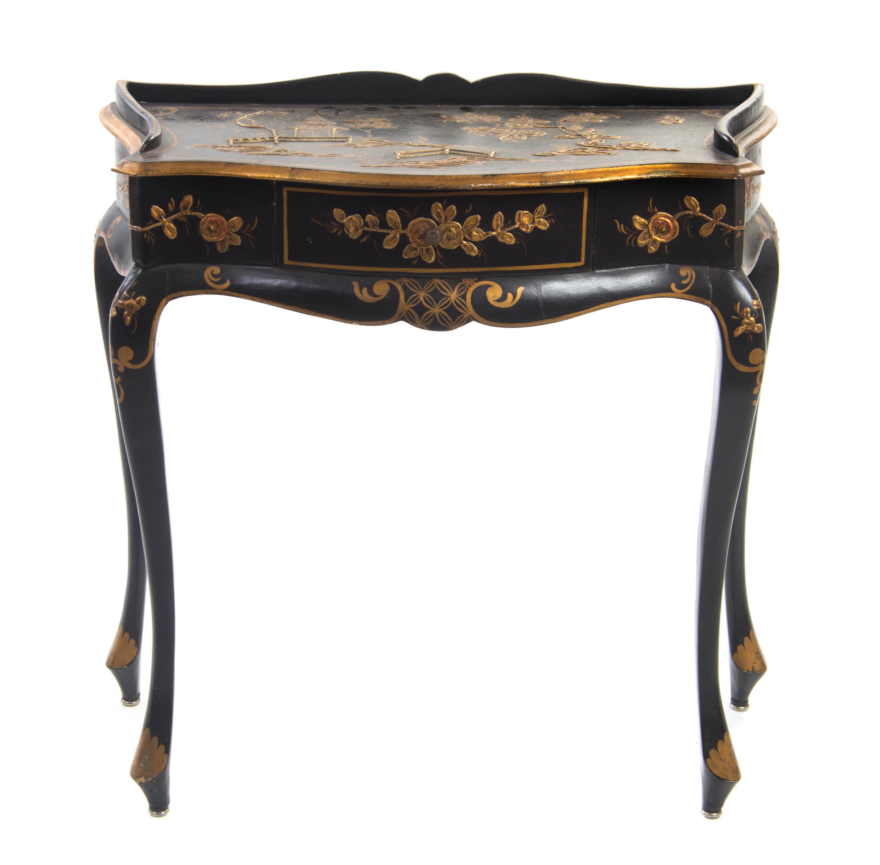 A Venetian Painted and Parcel Gilt Console Table, Height 29 1/4 x width 29 1/2 x depth 14 inches.