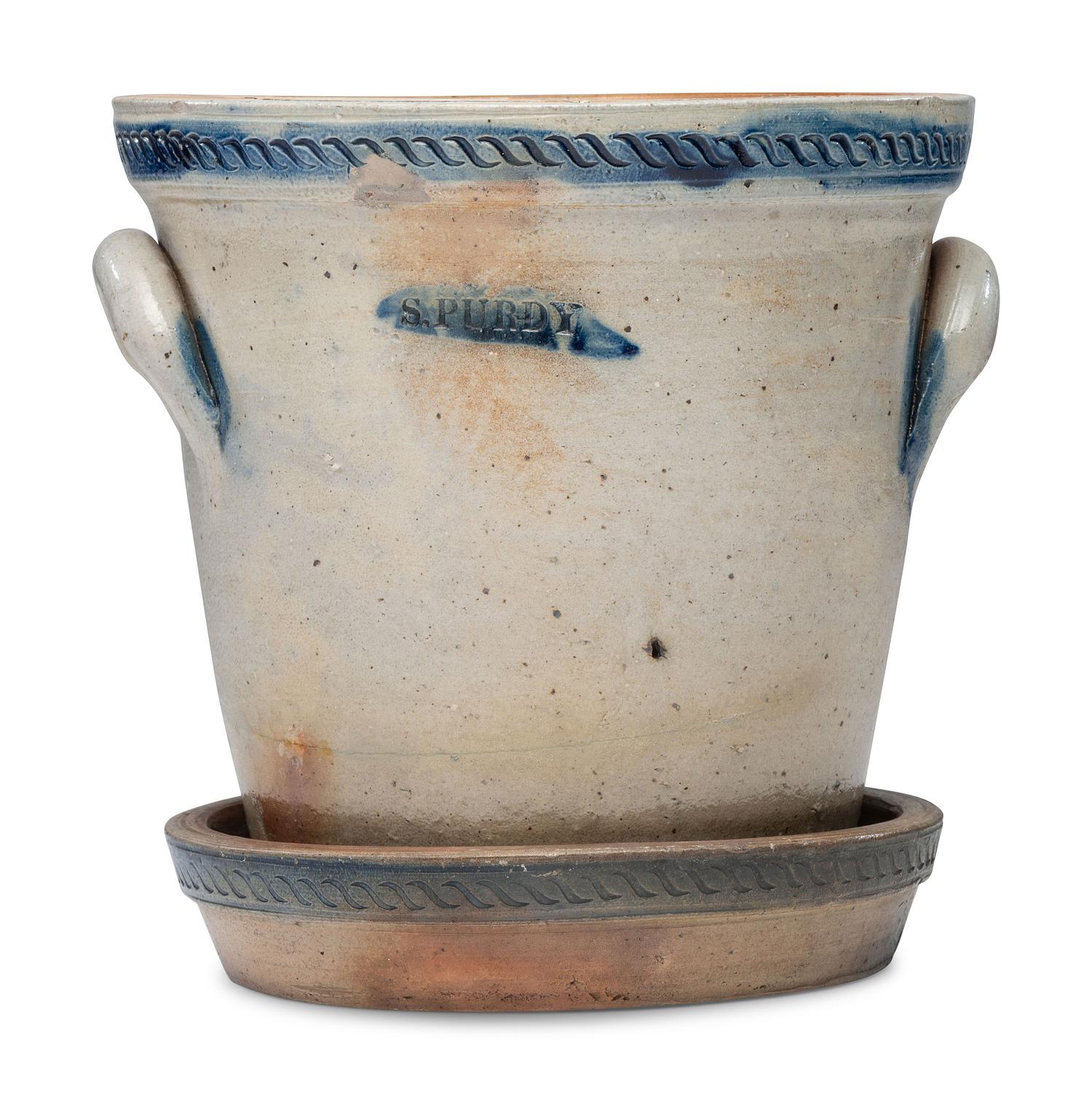 A Rare Zoar Cobalt Decorated and Incised Stoneware Flowerpot
