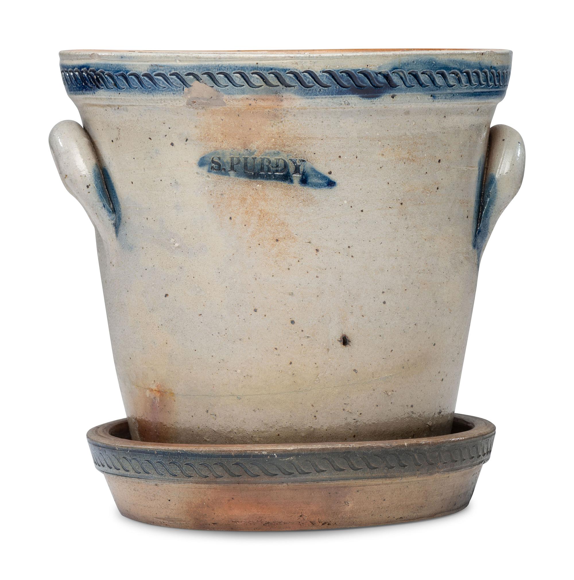 A Rare Zoar Cobalt Decorated and Incised Stoneware Flowerpot