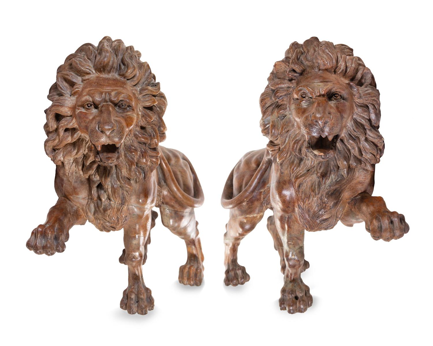 A Pair of English Limed Oak Models of Lions