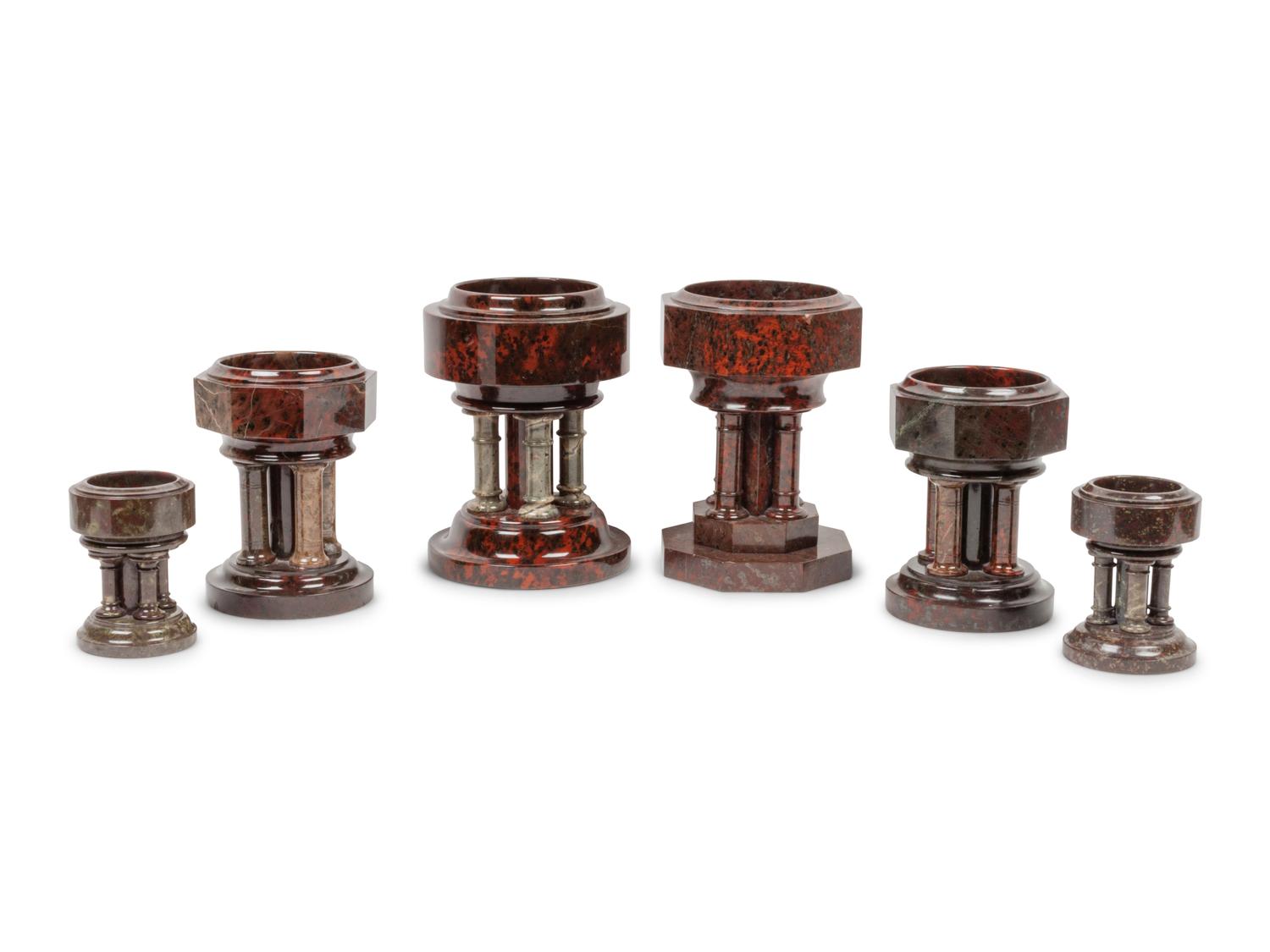 A Group of Three Pairs of Grand Tour Marble Architectural Models