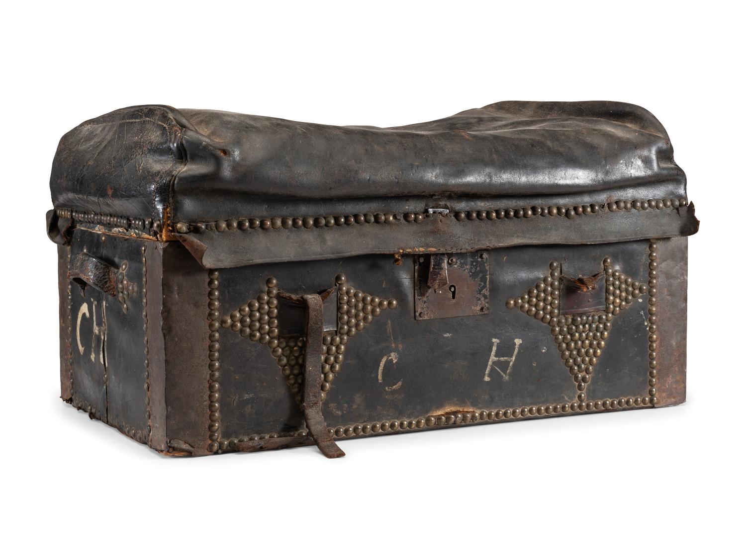 [CIVIL WAR] -- [MAINE]. Tin muster roll box identified to Co. A, 19th Maine Regiment, accompanied by stage trunk identified to Maine manufacturer.