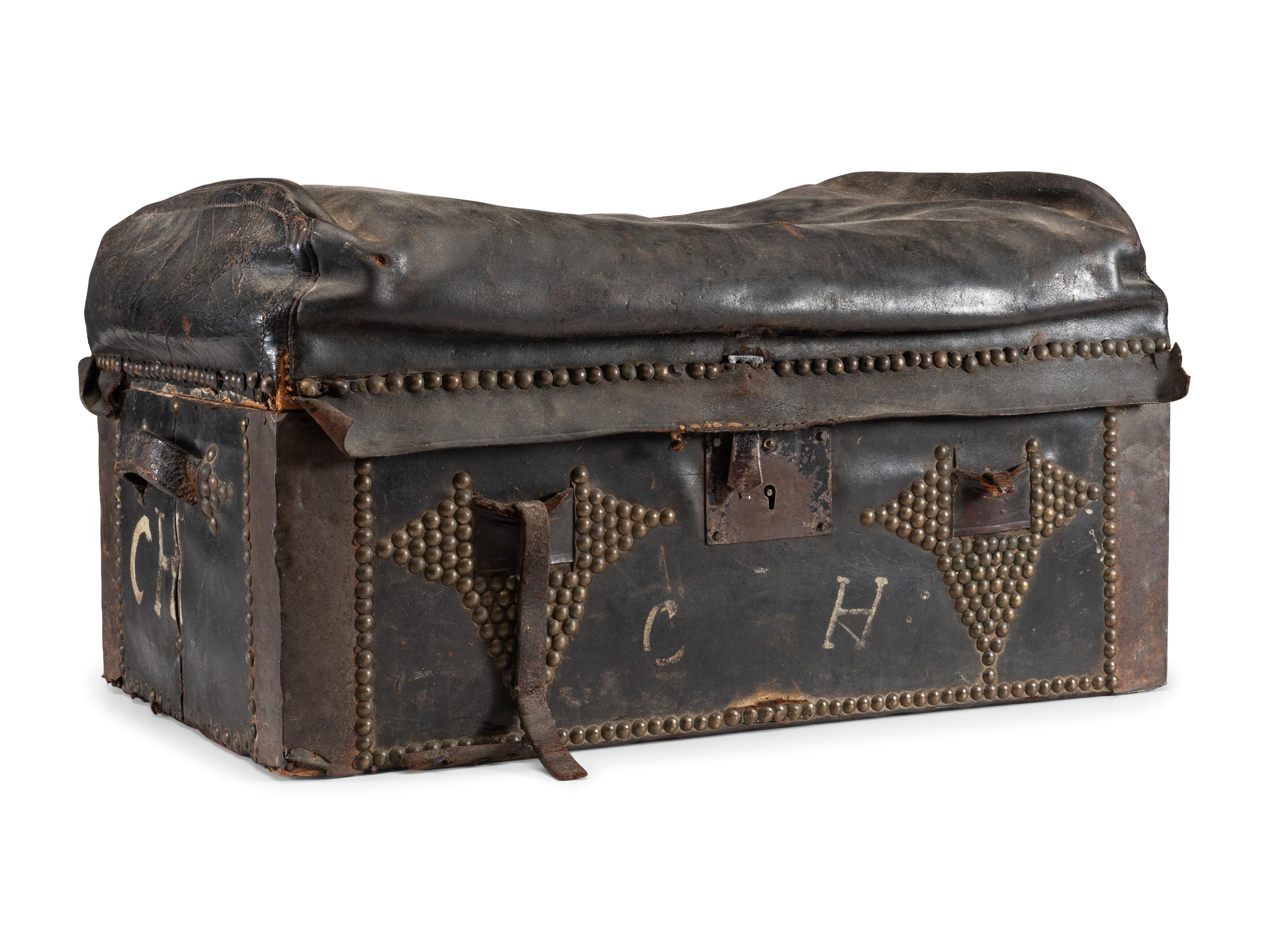 [CIVIL WAR] -- [MAINE]. Tin muster roll box identified to Co. A, 19th Maine Regiment, accompanied by stage trunk identified to Maine manufacturer.