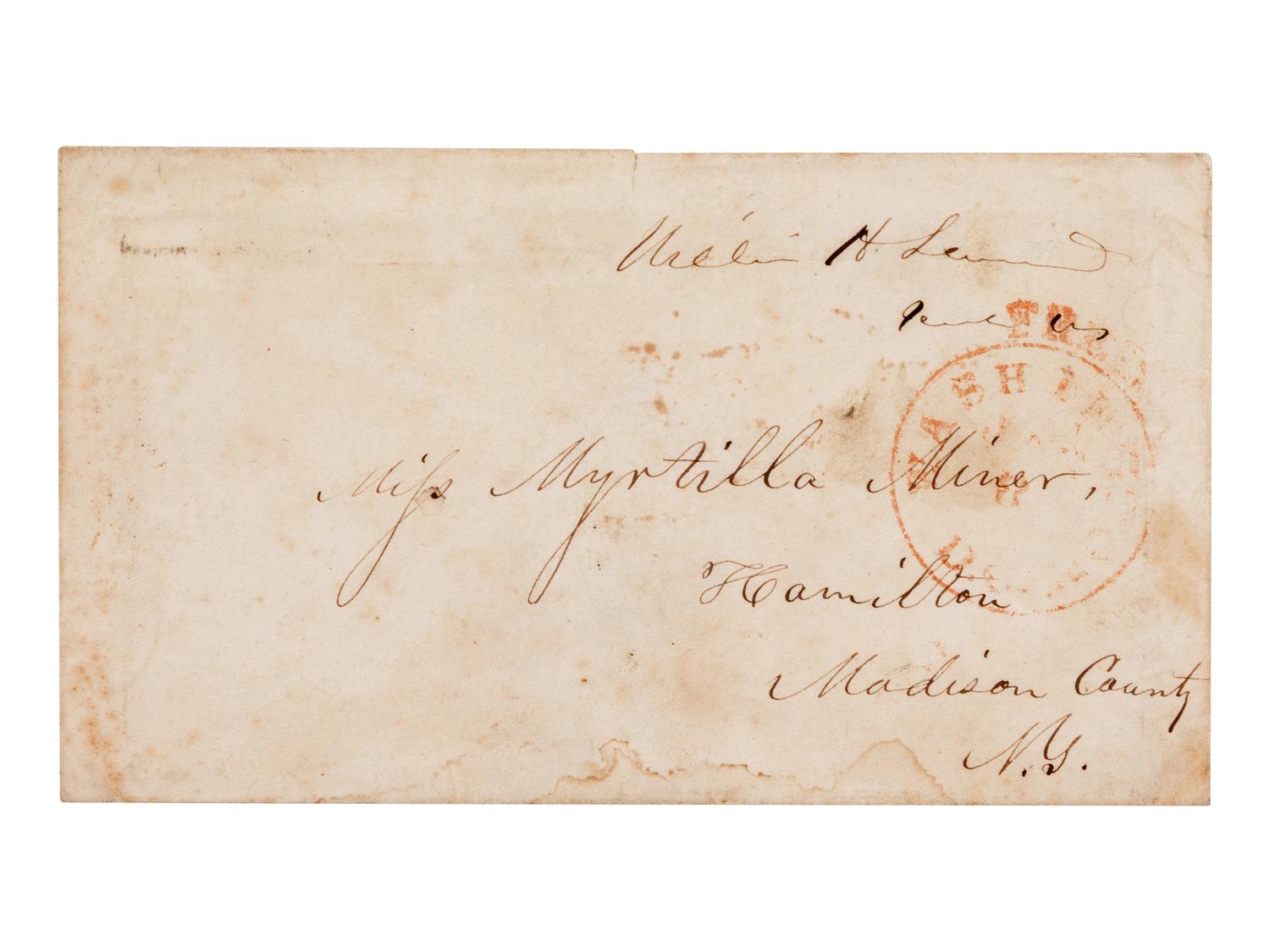 SEWARD, William H. (1801-1872), Secretary of State to President Lincoln. Autograph free frank ("William H. Seward"), on cover addressed in his hand. To Miss Myrtilla Miner, Hamilton, Madison County, NY, postmarked Washington D.C., date unintelligible.