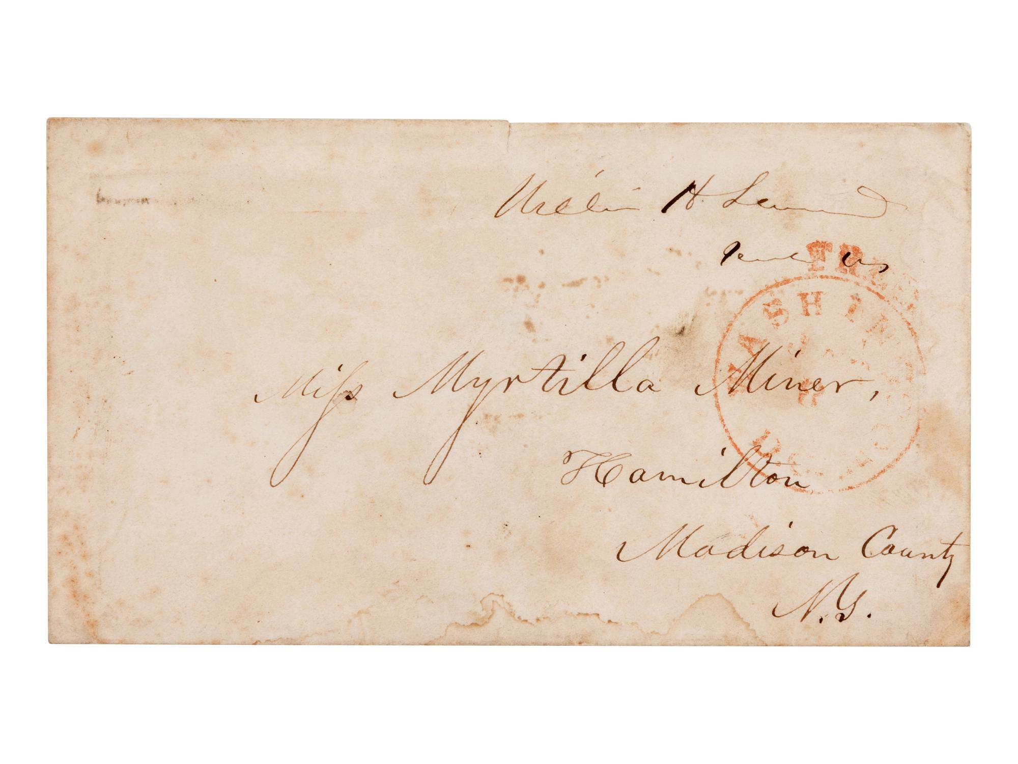 SEWARD, William H. (1801-1872), Secretary of State to President Lincoln. Autograph free frank ("William H. Seward"), on cover addressed in his hand. To Miss Myrtilla Miner, Hamilton, Madison County, NY, postmarked Washington D.C., date unintelligible.